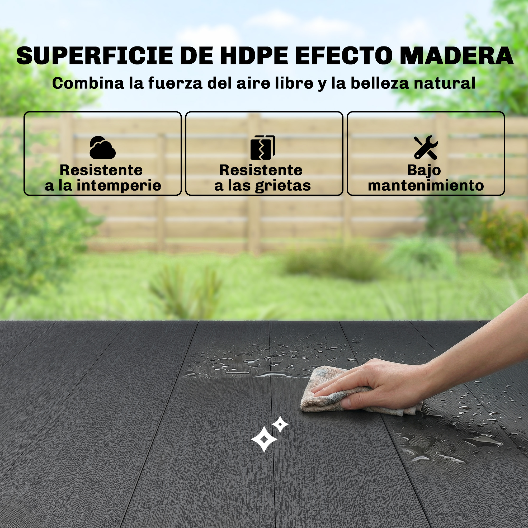 Mano limpia superficie oscura de madera. Iconos de clima, grietas y herramientas.