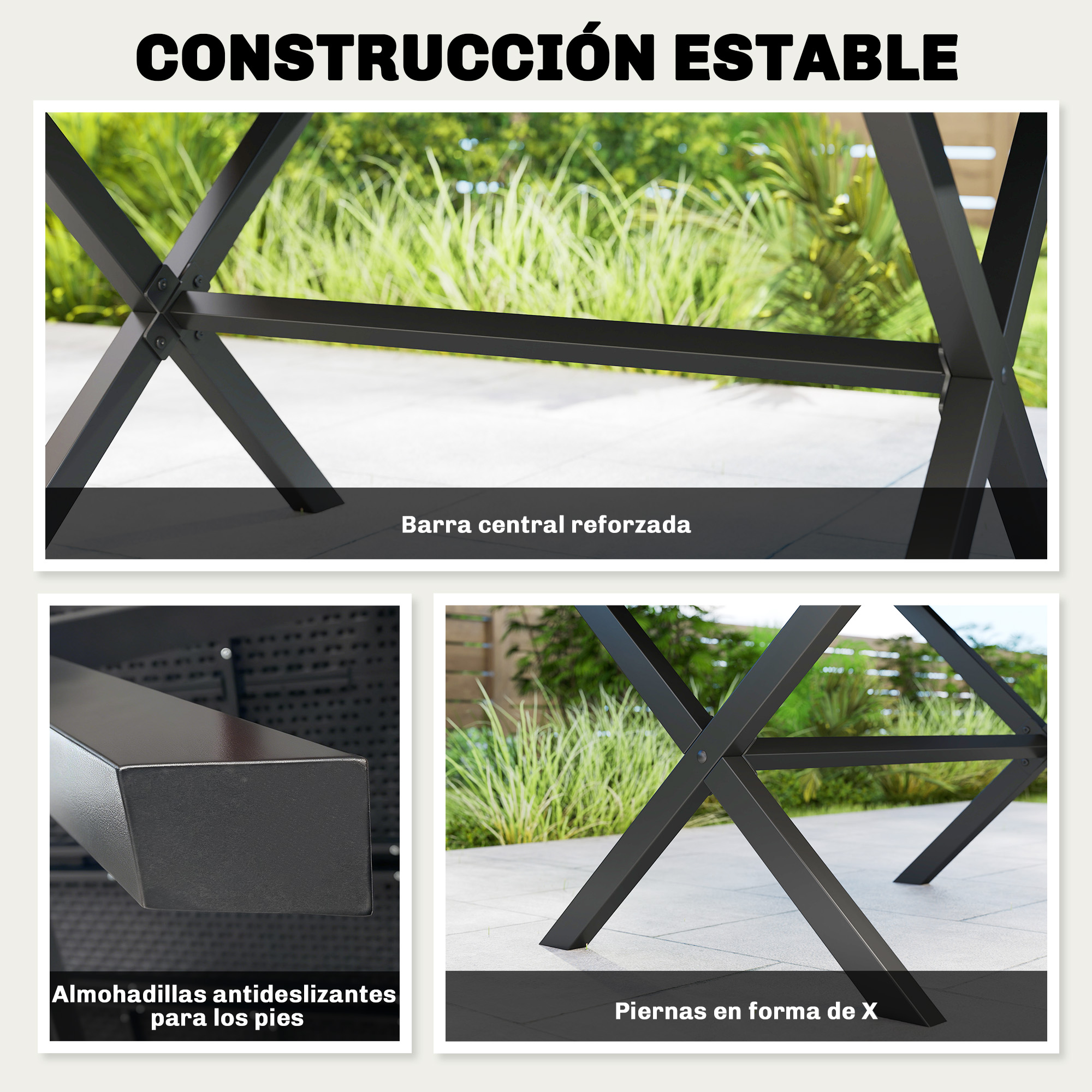 Detalles de construcción estable: patas en X, barra central reforzada, pies antideslizantes.