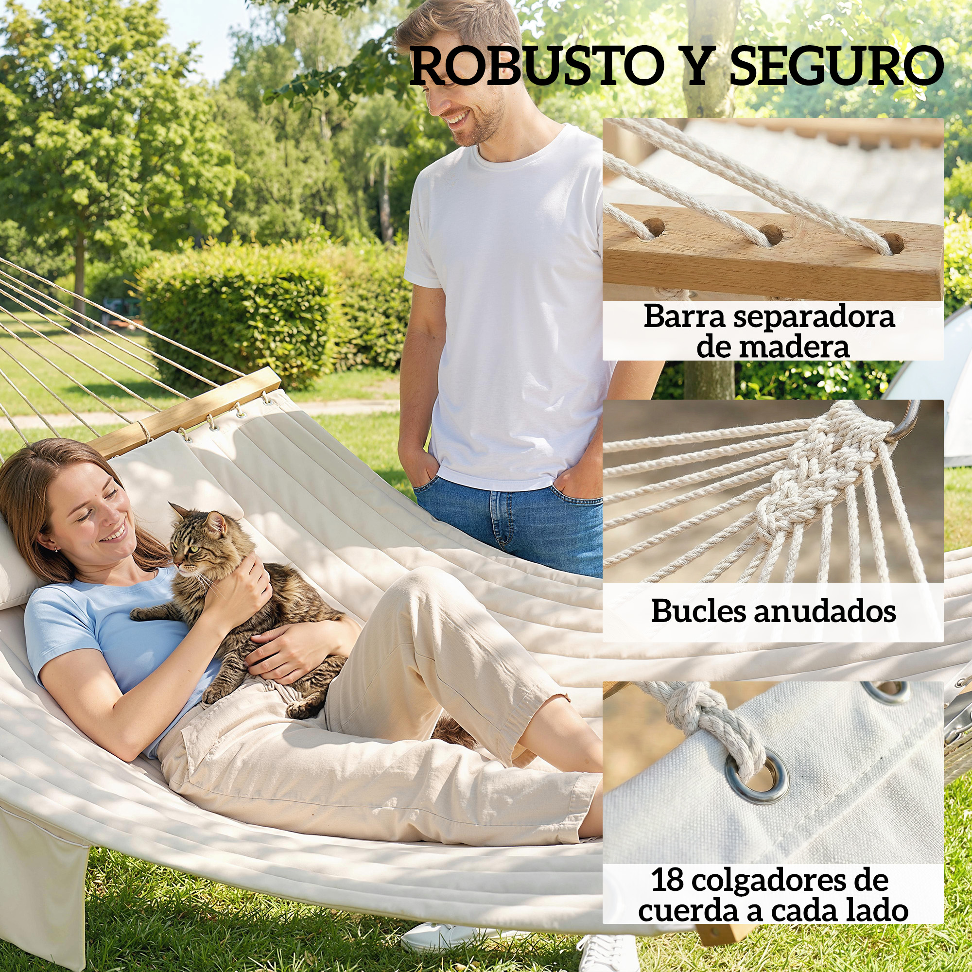 Mujer en hamaca con gato. Hombre de pie cerca. Primeros planos de cuerdas y madera.