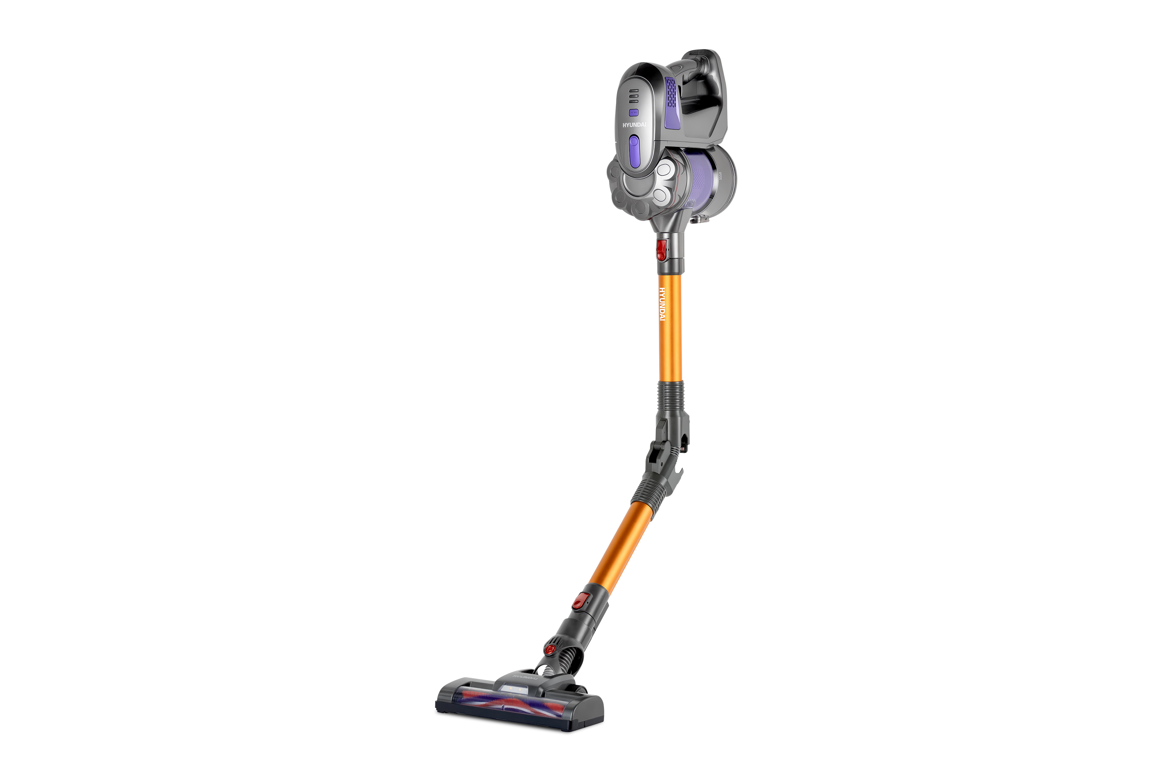 A cordless vacuum cleaner with an orange handle and gray accents stands on a white background.