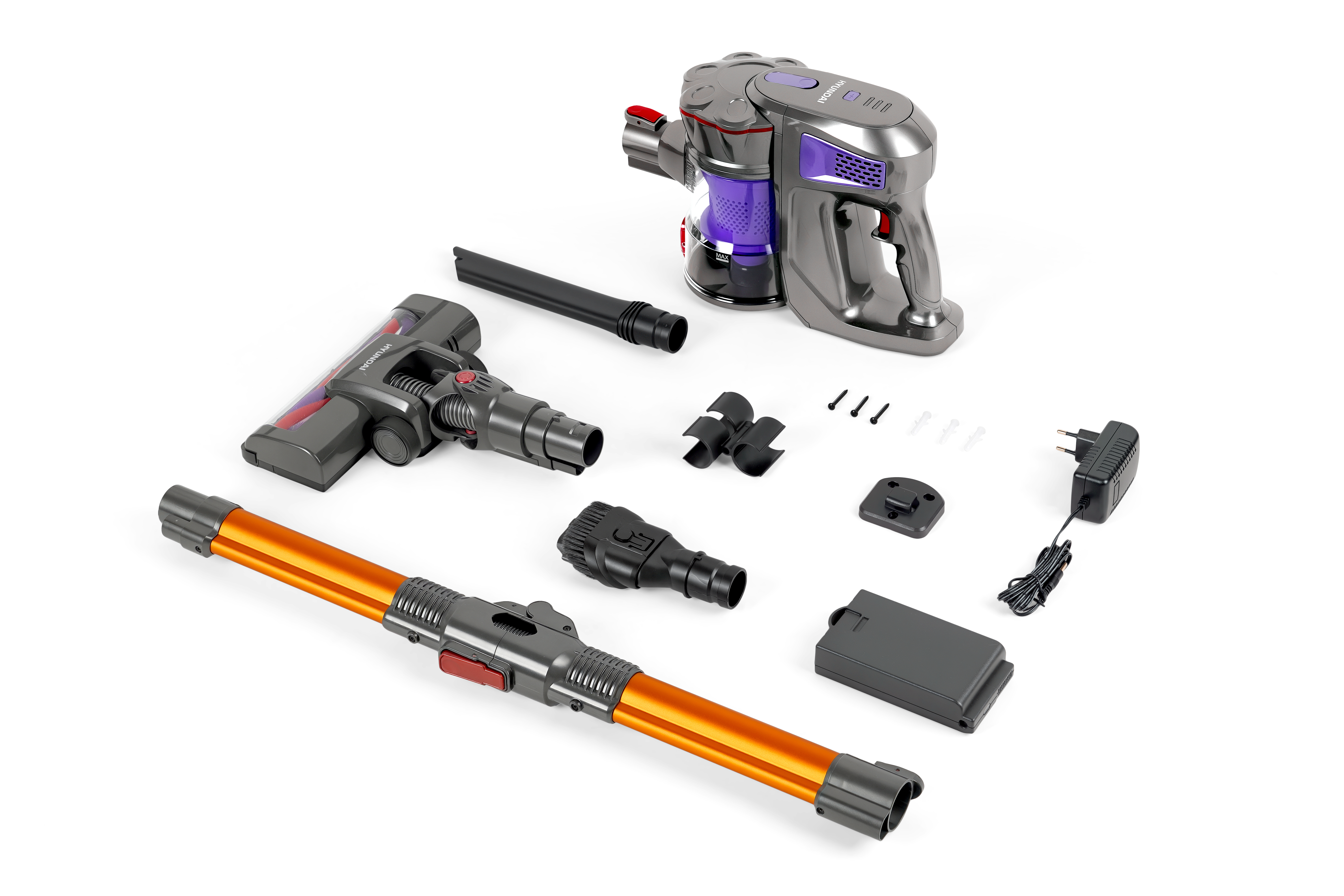 A cordless vacuum cleaner with orange tube, brush head, charger, and battery.