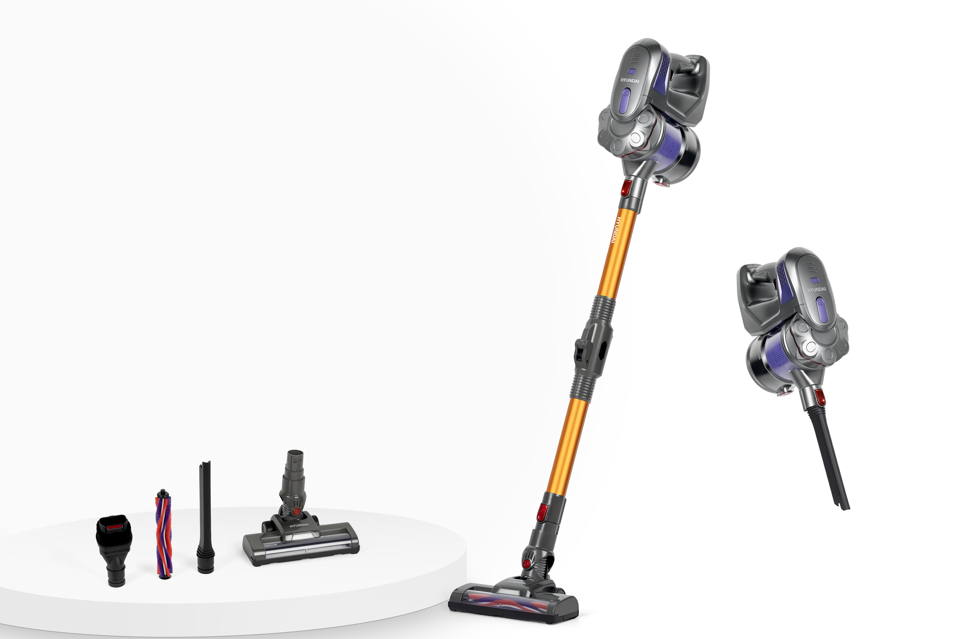A cordless vacuum cleaner with an orange tube and accessories on a white background.