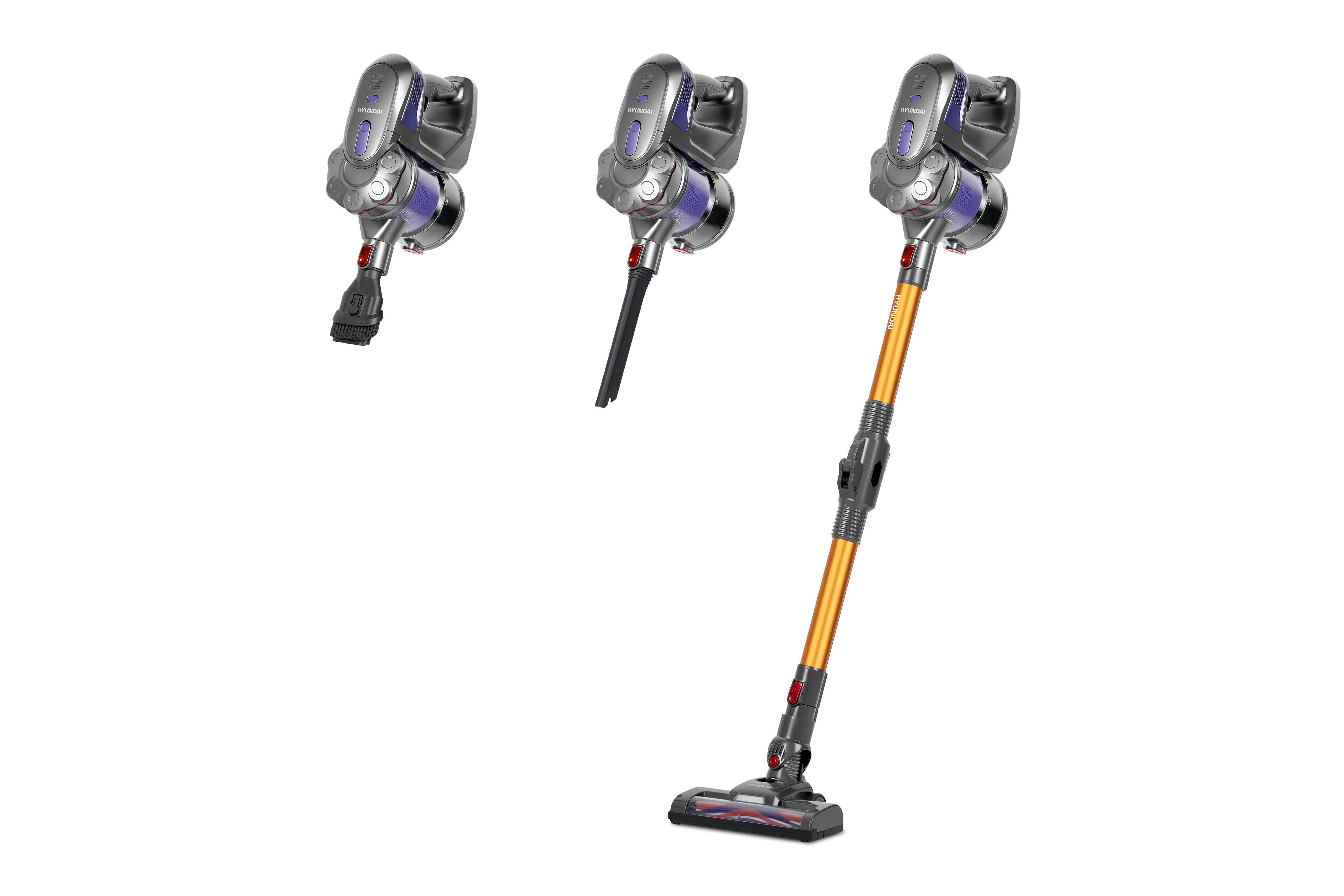 Three Hyundai vacuums: one with brush, one with tube, one fully assembled.