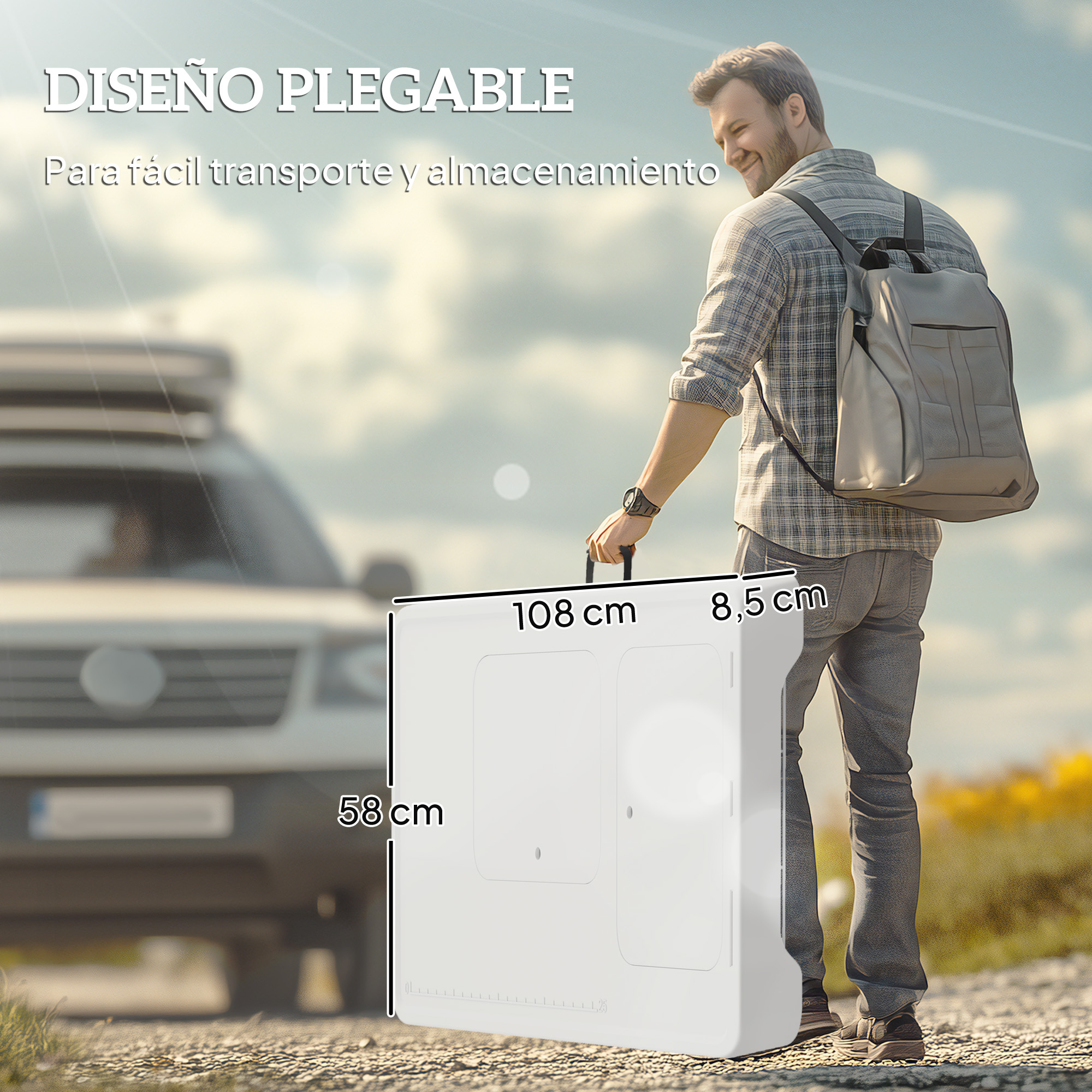 Hombre con mochila arrastra maleta plegable blanca (108x58x8.5cm) cerca de coche. Texto: Diseño Plegable.