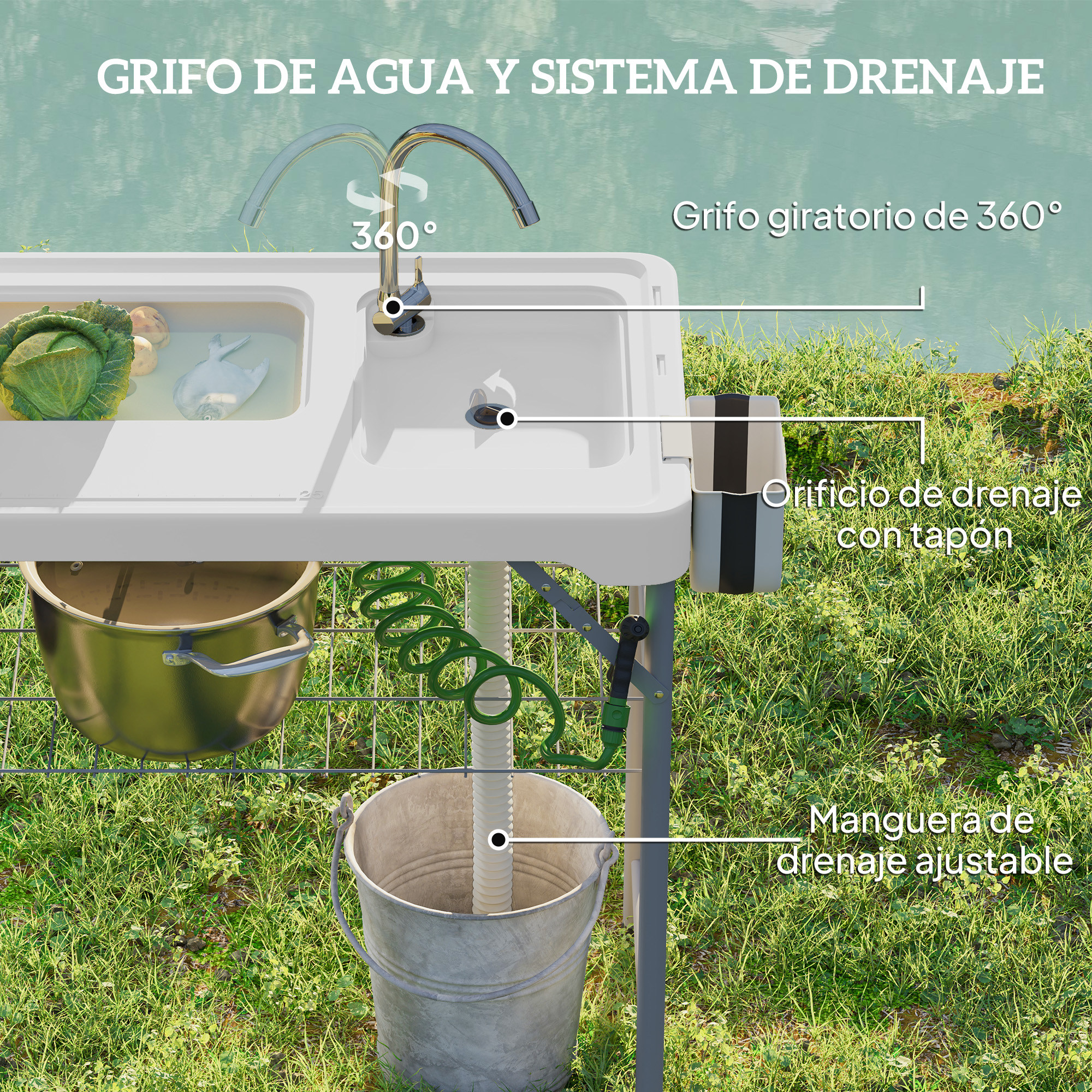 Fregadero con grifo giratorio 360°, verduras, pescado, cubo y manguera.