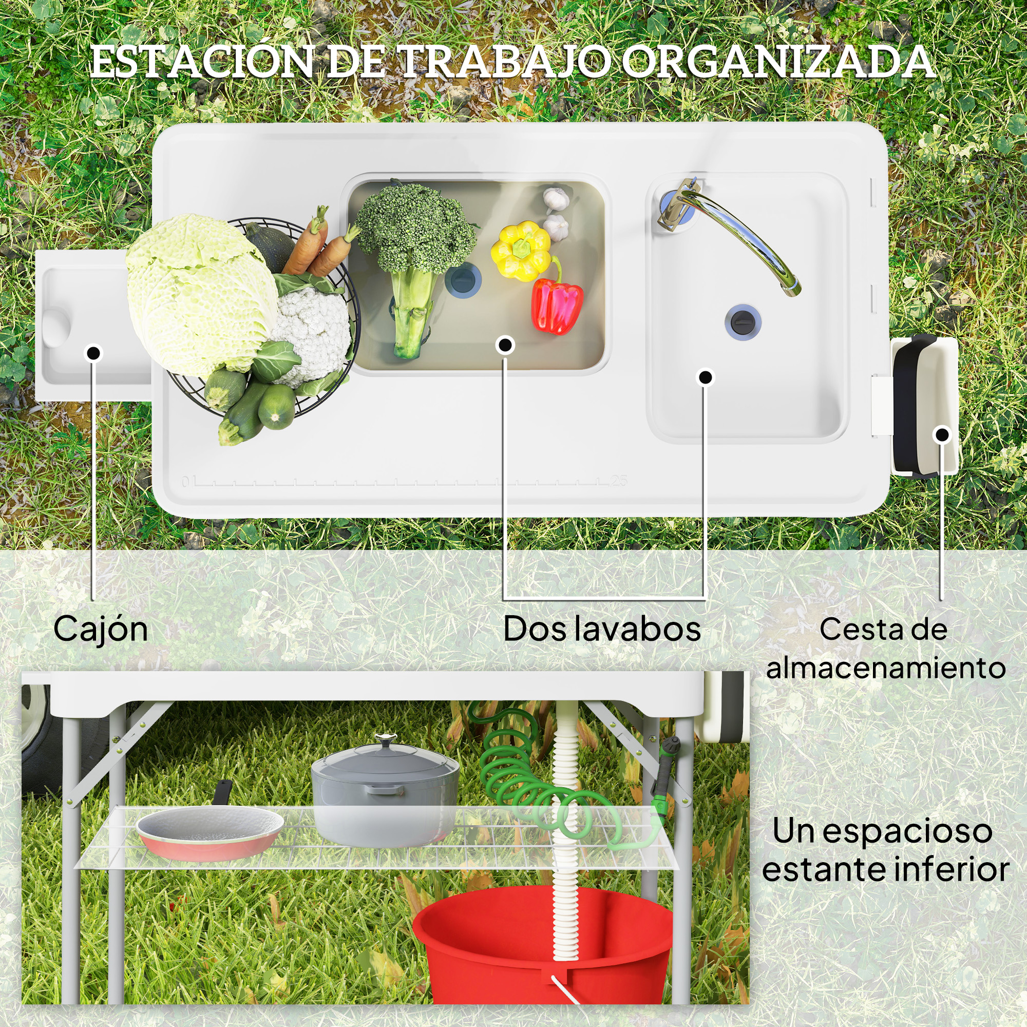 Estación de trabajo organizada al aire libre con verduras y fregadero.