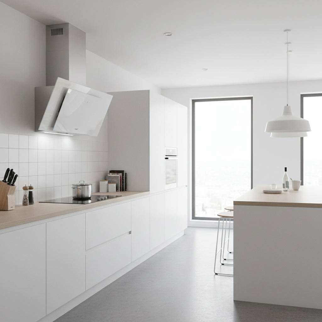 Moderna cocina blanca con isla, campana y ventanas.