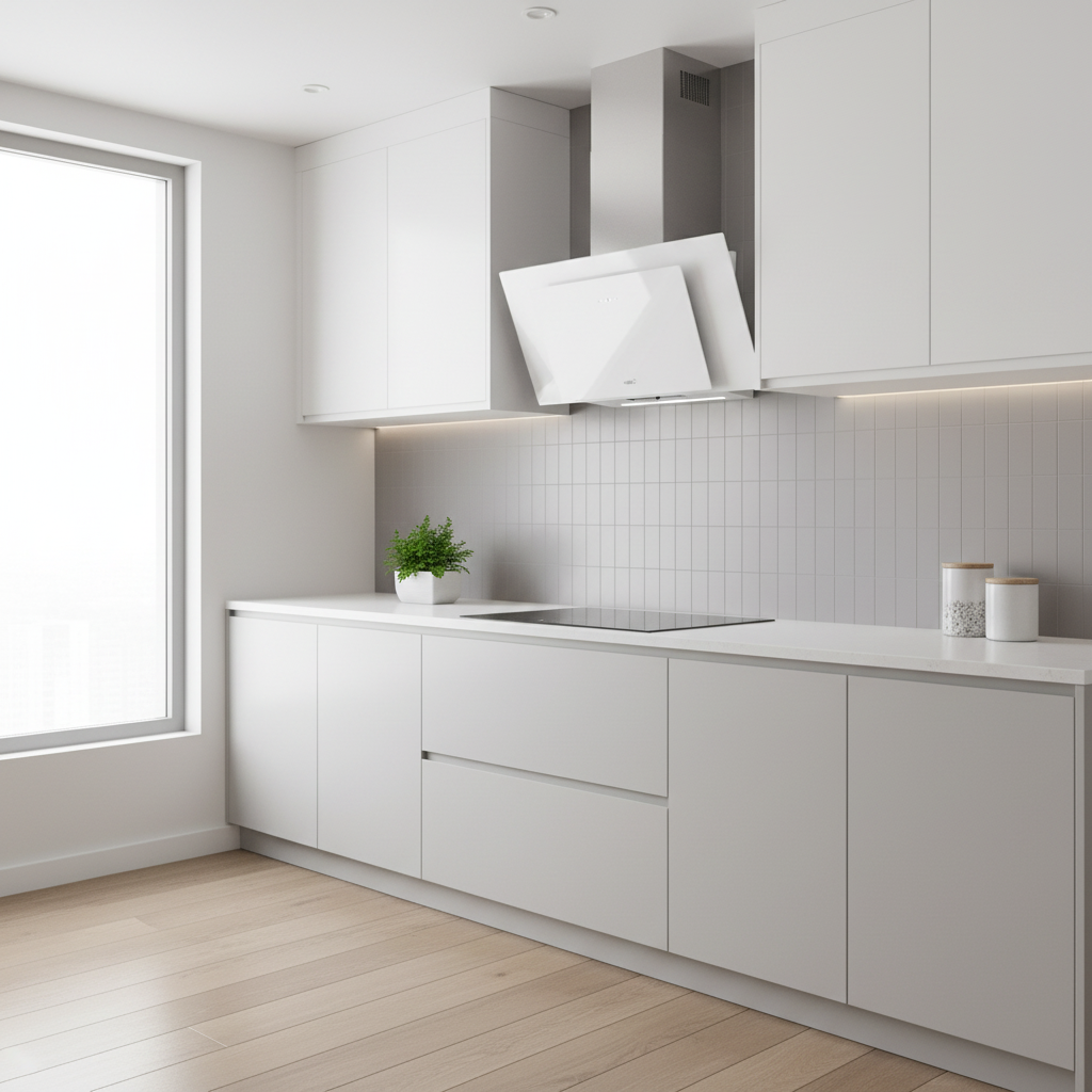 Cocina blanca moderna con isla, campana y ventana grande. Diseño minimalista.