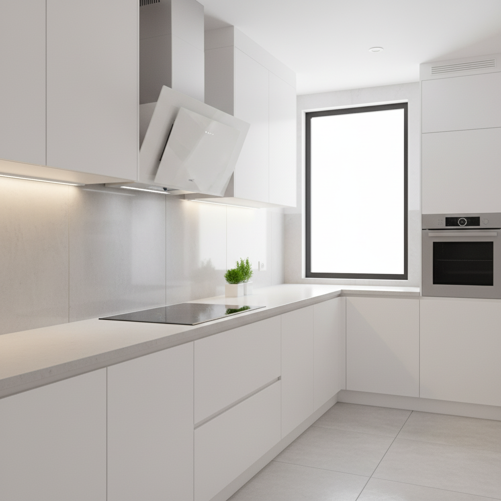 Una cocina blanca moderna con campana elegante, vitrocerámica, horno y ventana.