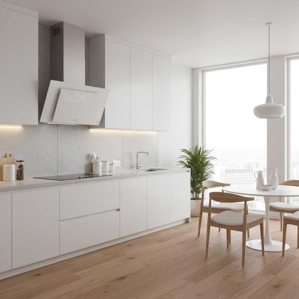 Cocina blanca moderna con isla, comedor, suelo de madera y ventana grande.