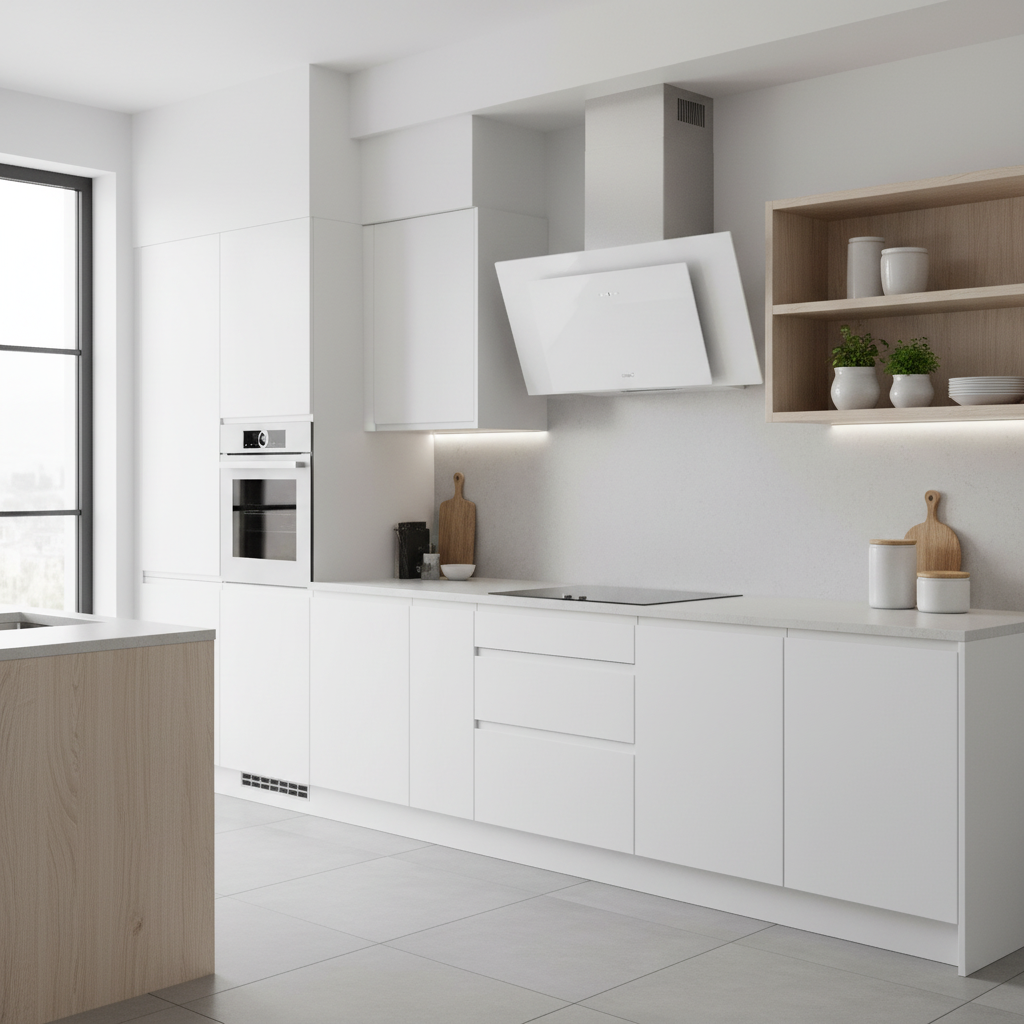 Cocina moderna blanca con detalles de madera, electrodomésticos de acero inox.