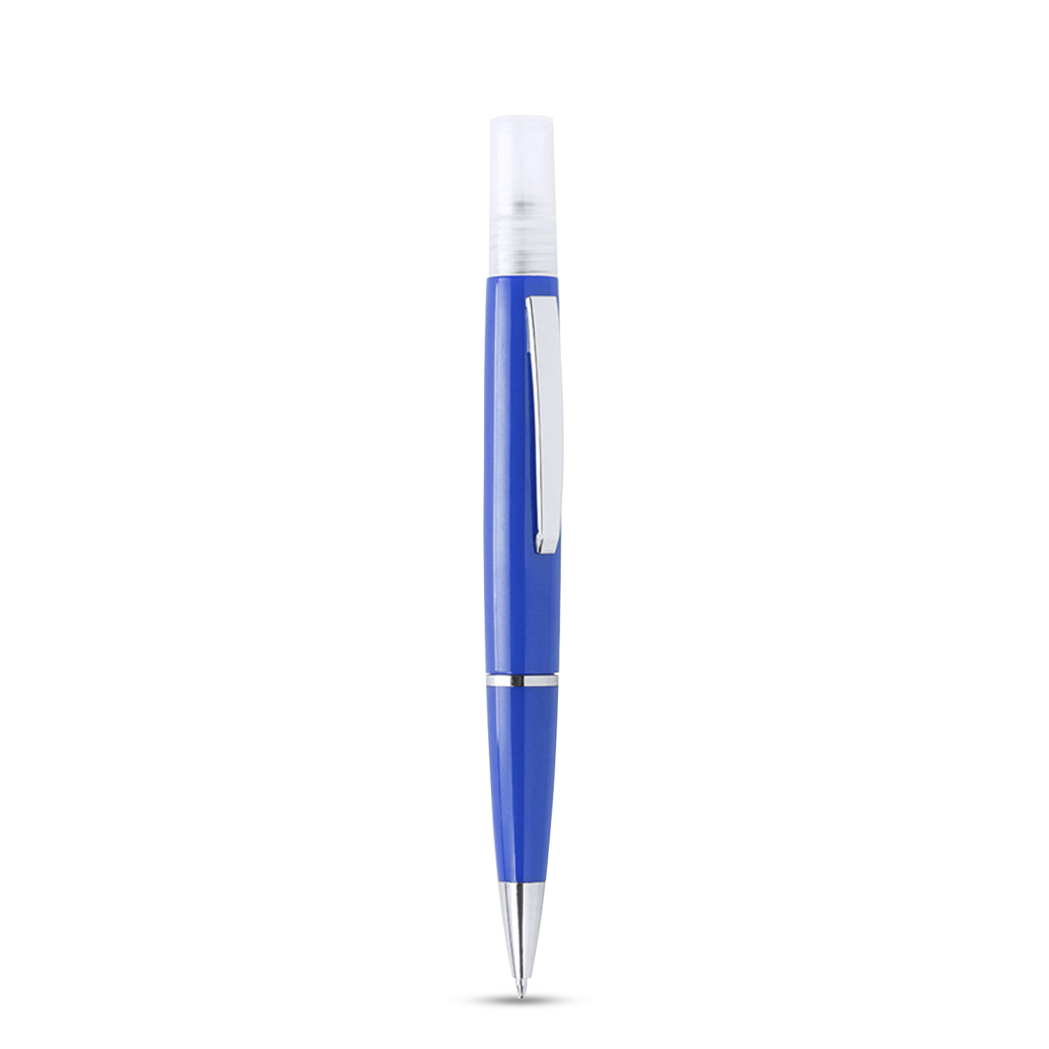Un bolígrafo azul con clip plateado y cabezal pulverizador transparente sobre fondo blanco.