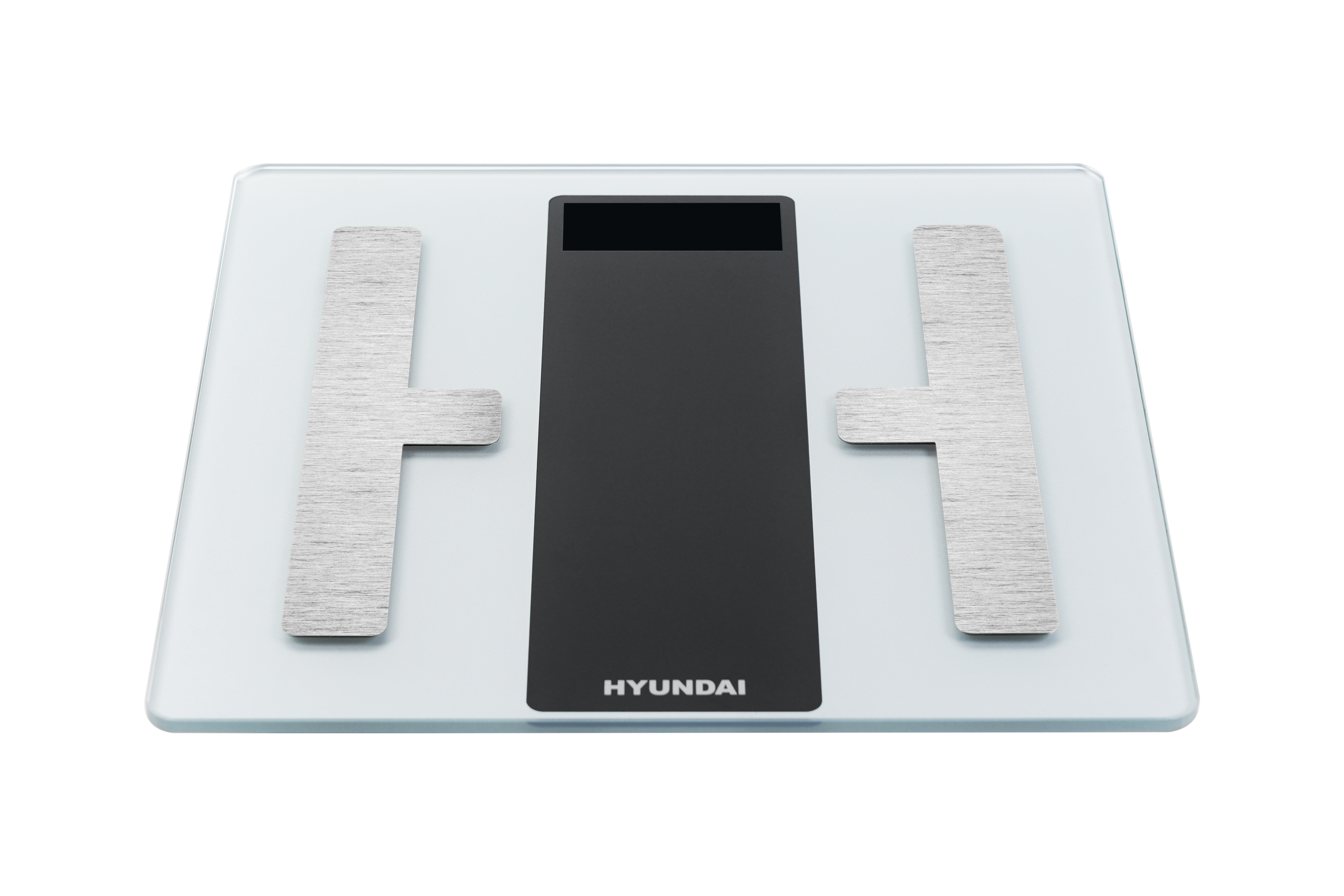 A white glass scale with a black display and silver metal accents.