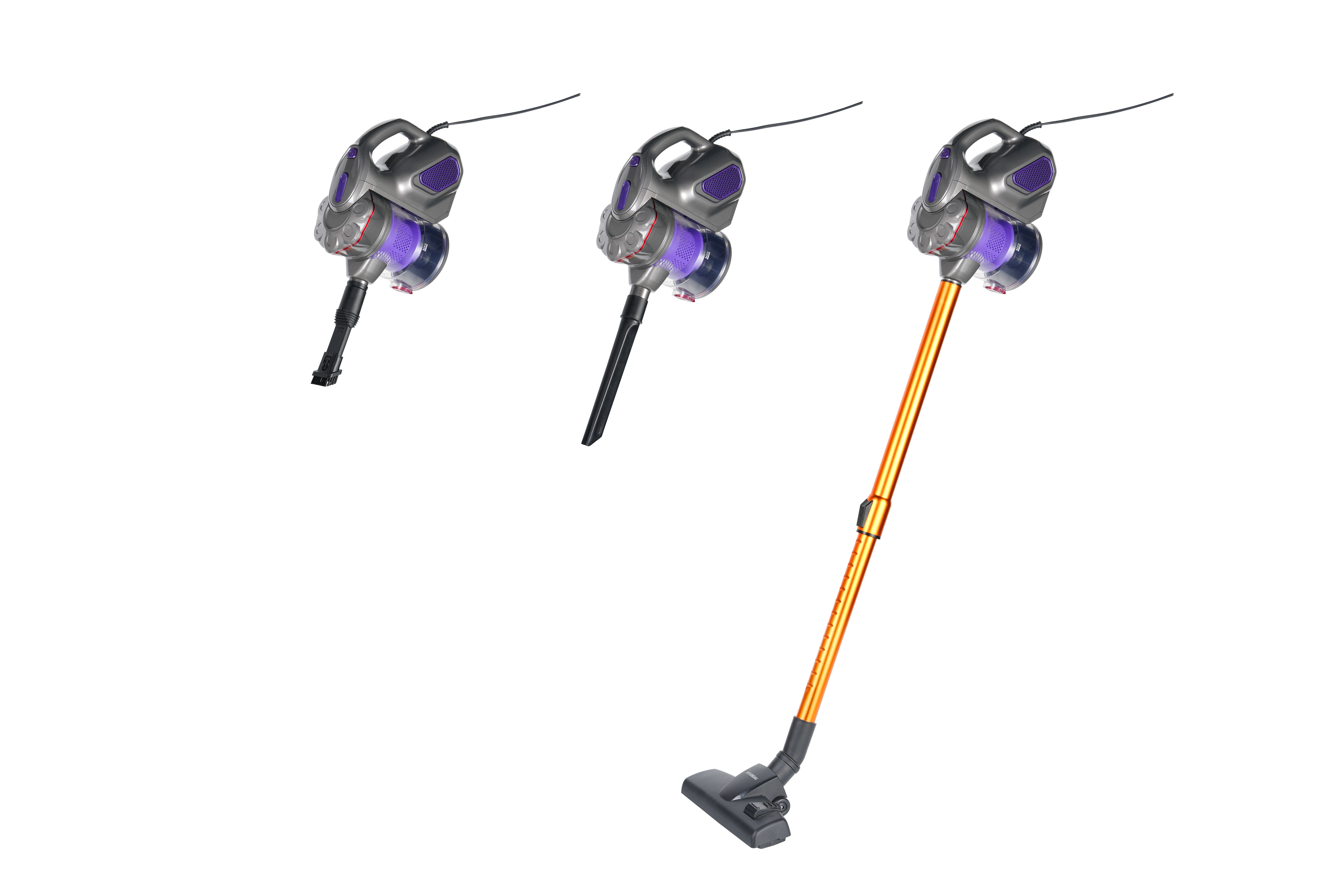 Three handheld vacuum cleaner variations: with brush, without, and with orange tube.