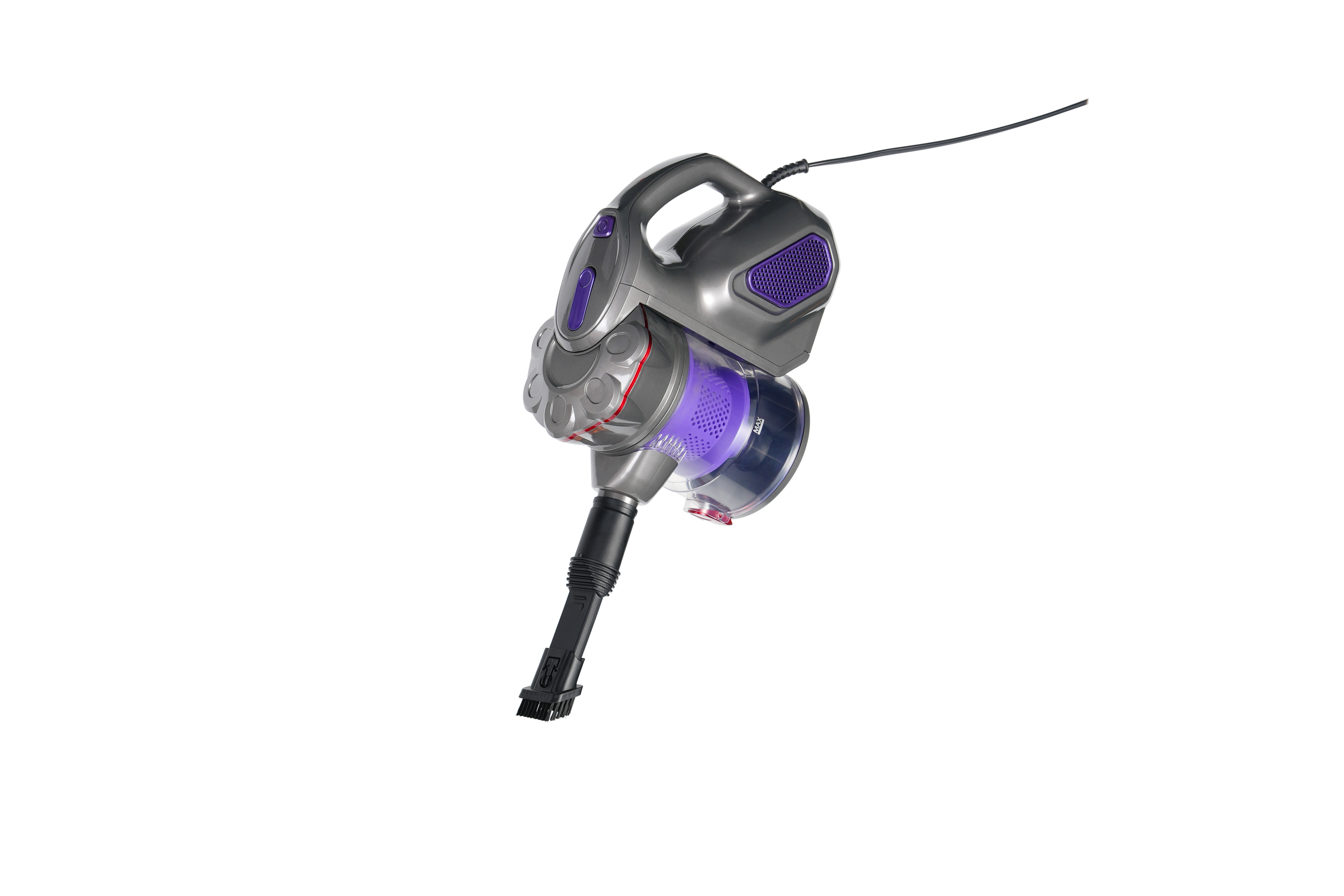 Gray handheld vacuum cleaner with purple dustbin and brush attachment.