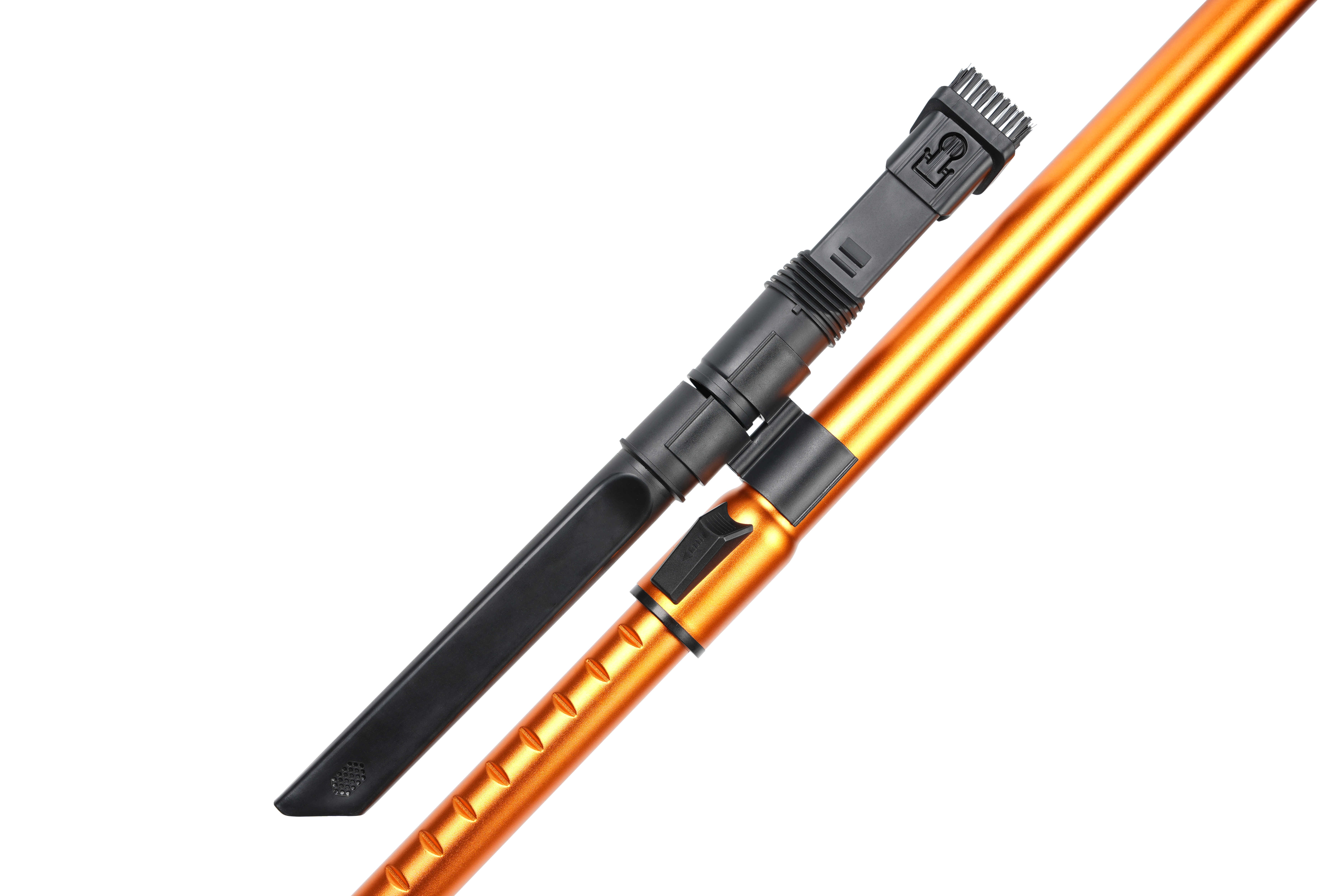 A black crevice tool and an orange vacuum cleaner tube section on a white background.