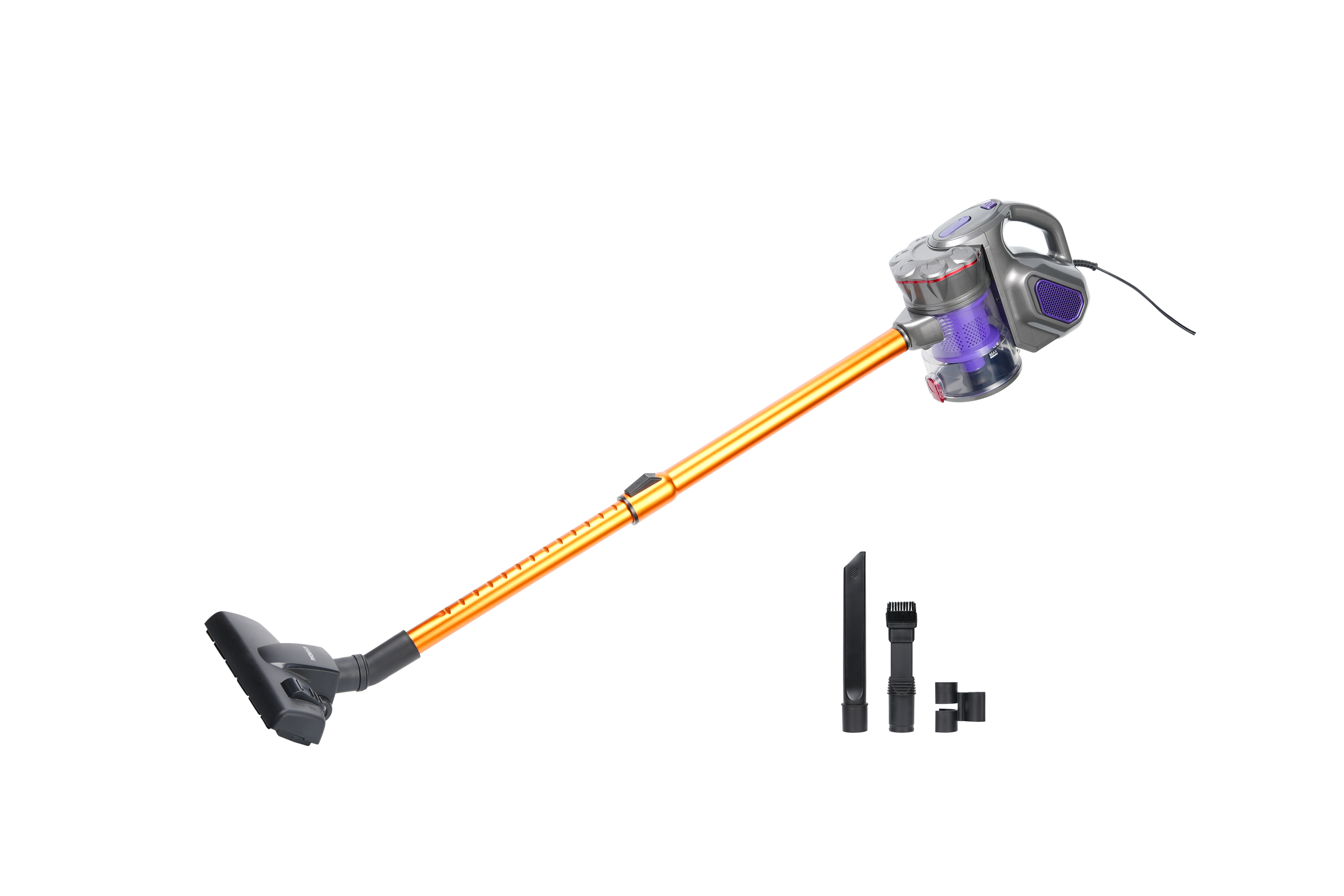 A cordless vacuum cleaner with an orange tube and multiple attachments.