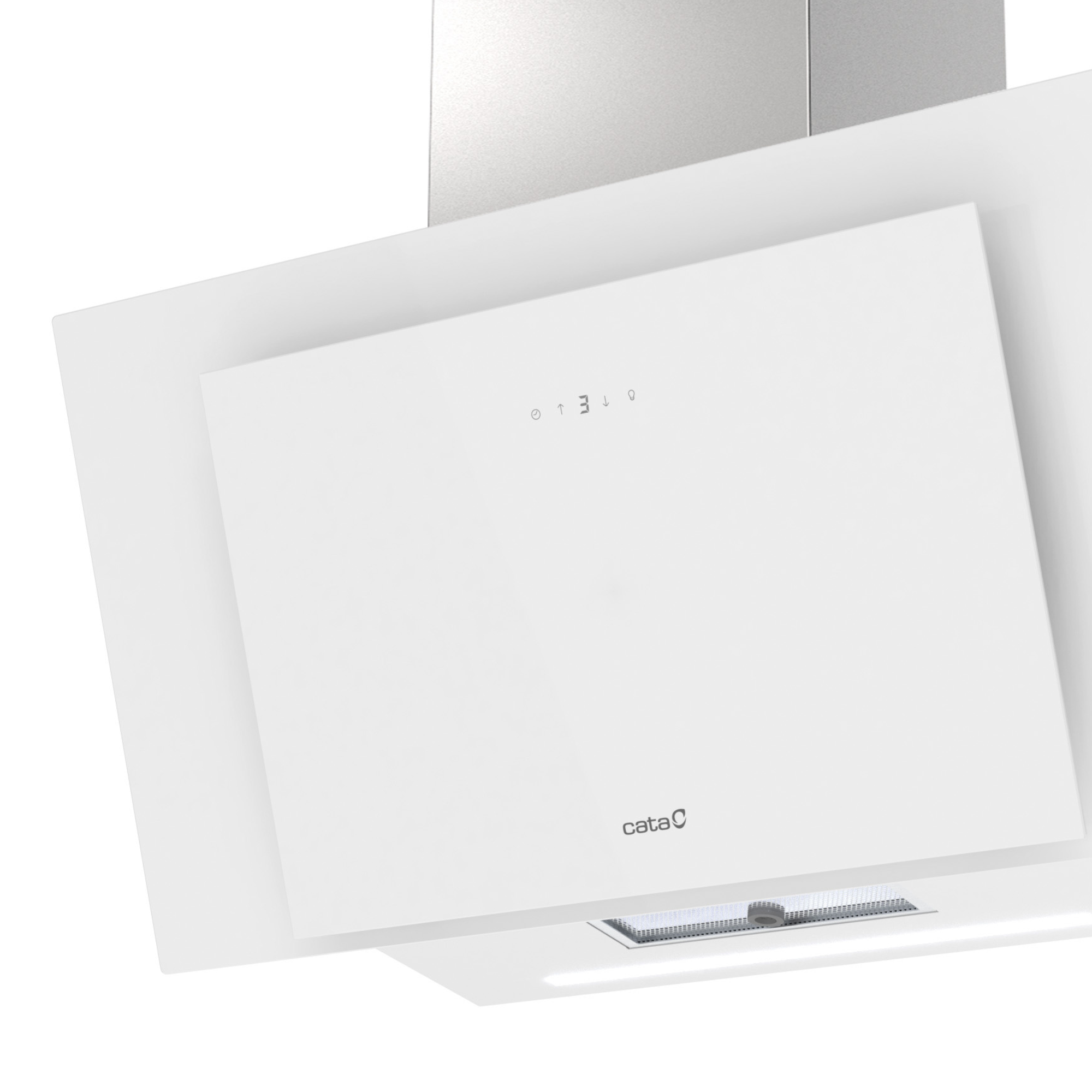 Moderna campana extractora blanca con panel táctil e iluminación integrada.