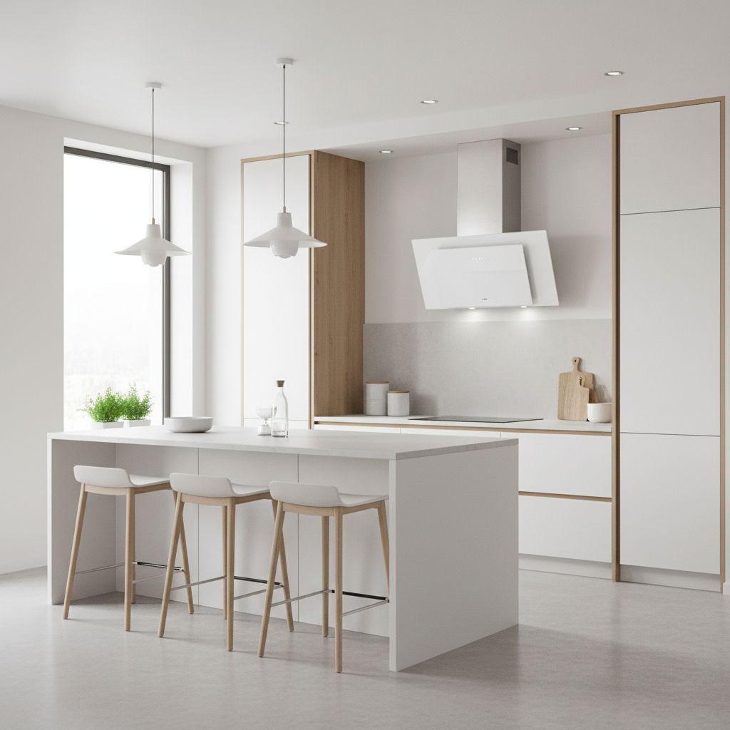 Moderna cocina blanca con isla, taburetes, detalles de madera y campana extractora.