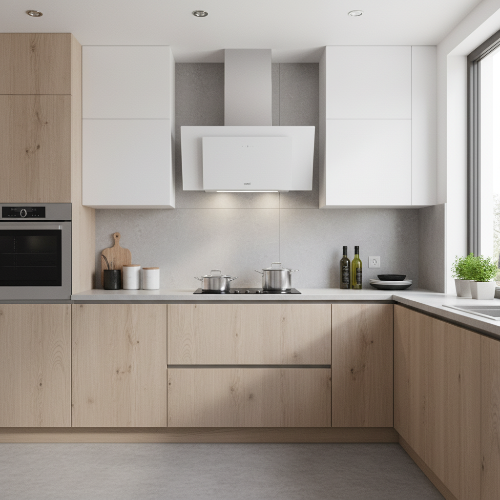 Cocina moderna con detalles de madera, gabinetes superiores blancos y campana de acero.