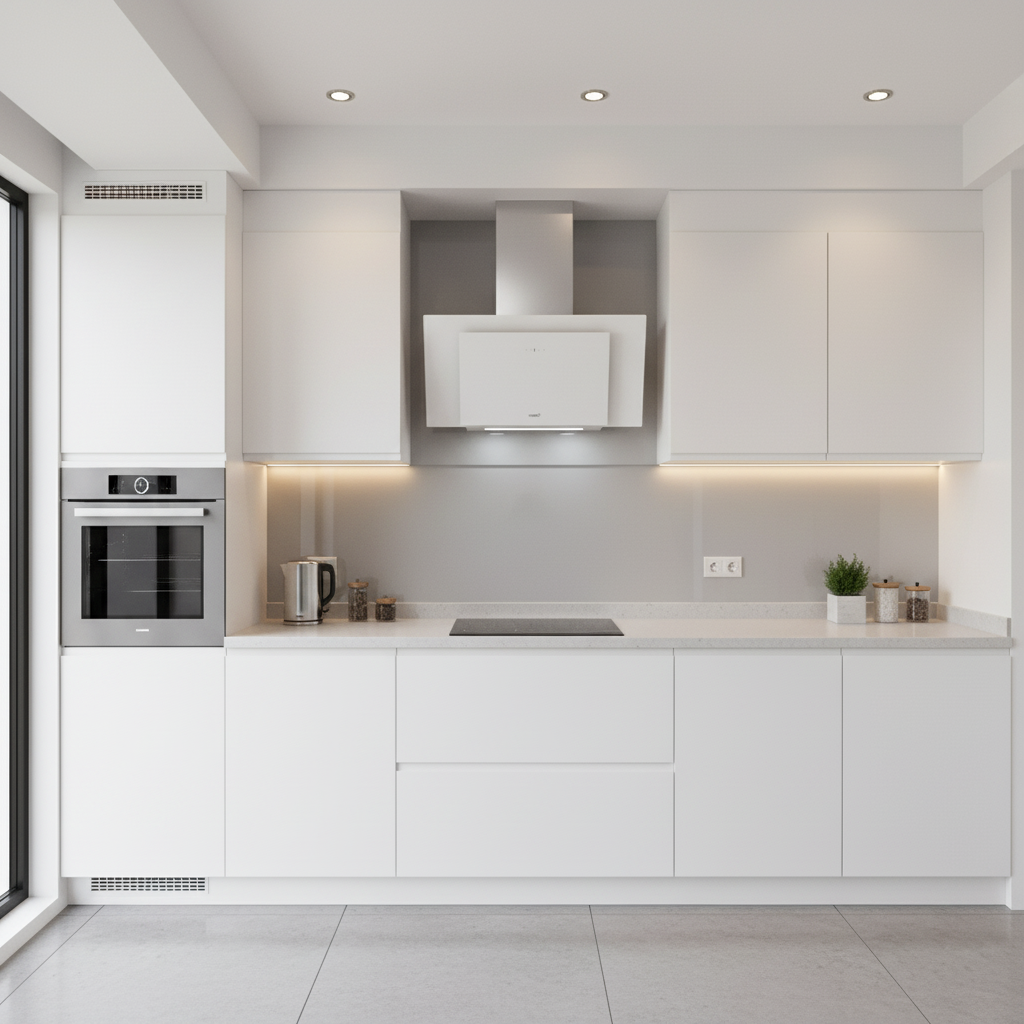 Una cocina blanca con electrodomésticos integrados, vitrocerámica y campana.
