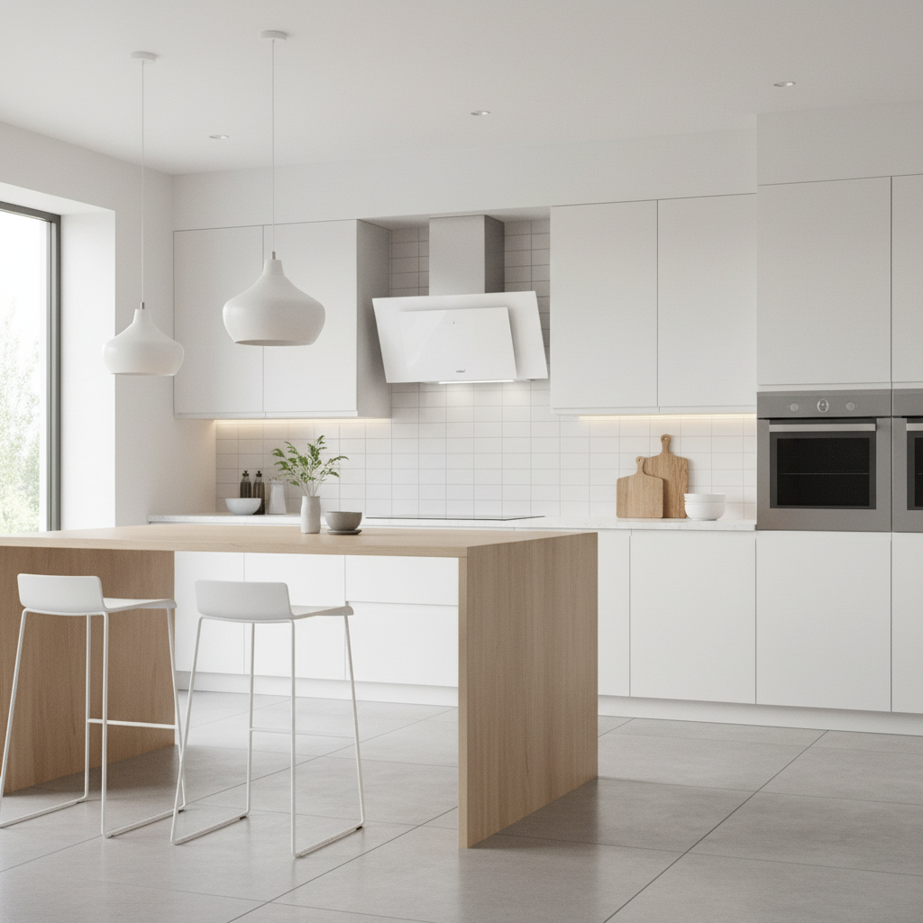 Cocina blanca moderna con isla, taburetes, hornos y ventana.