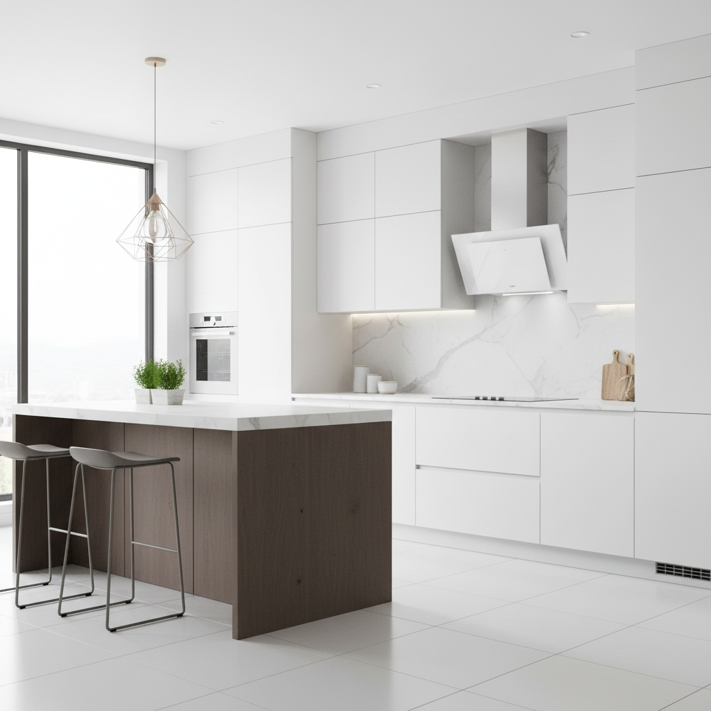 Cocina blanca moderna con isla, taburetes, horno y salpicadero de mármol.