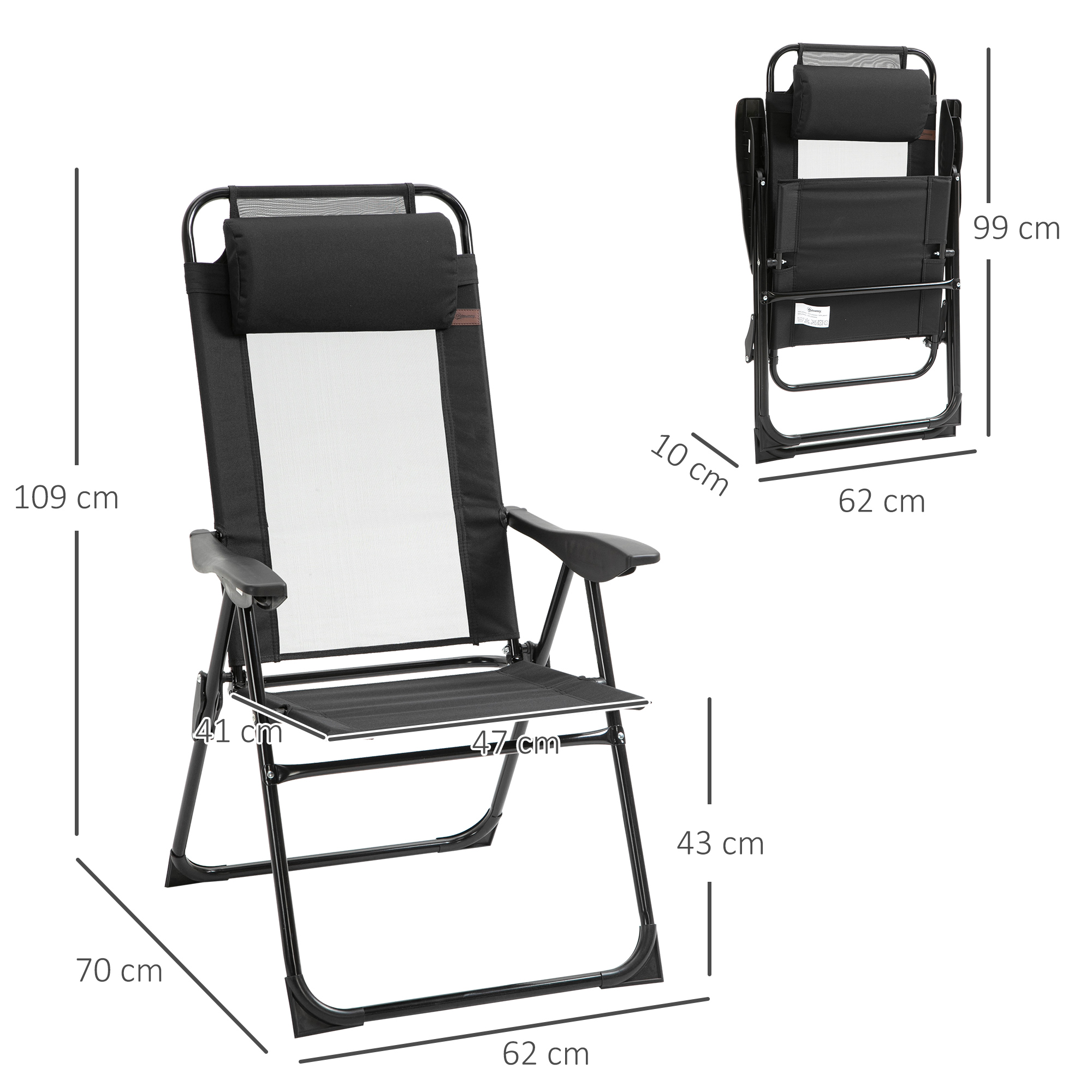 Silla plegable negra con cojín, dimensiones 109x62x70 cm.