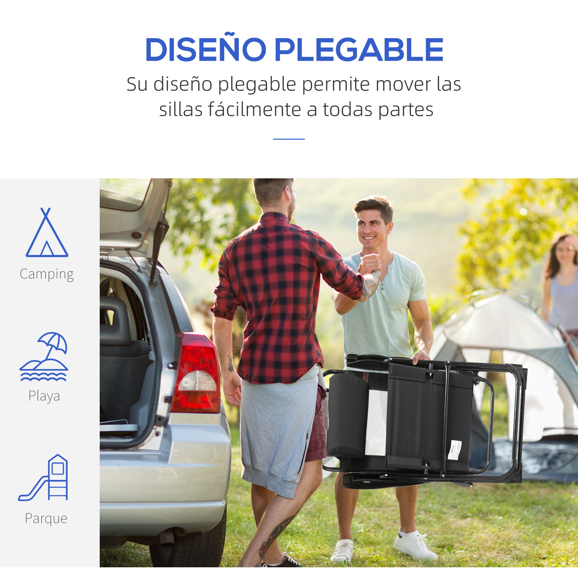 Dos hombres con una silla plegable al aire libre, junto a un coche y una tienda.