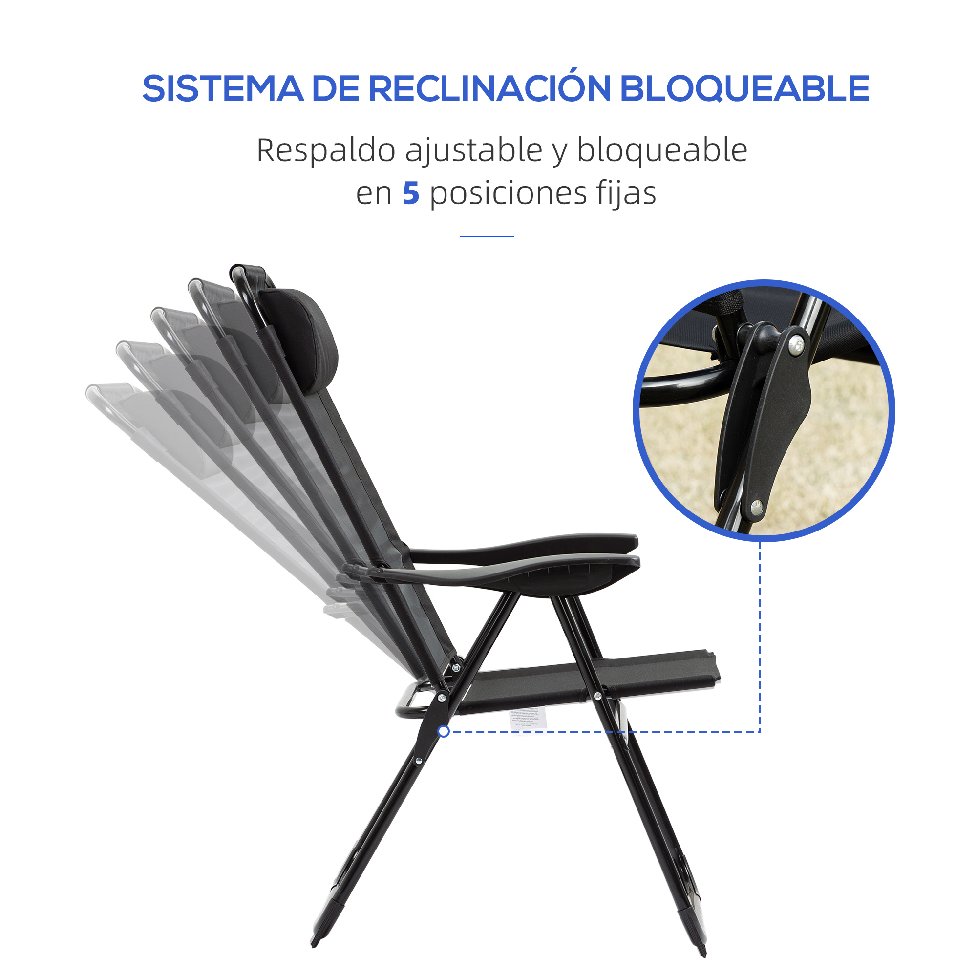 Una silla reclinable negra con respaldo ajustable en 5 posiciones.