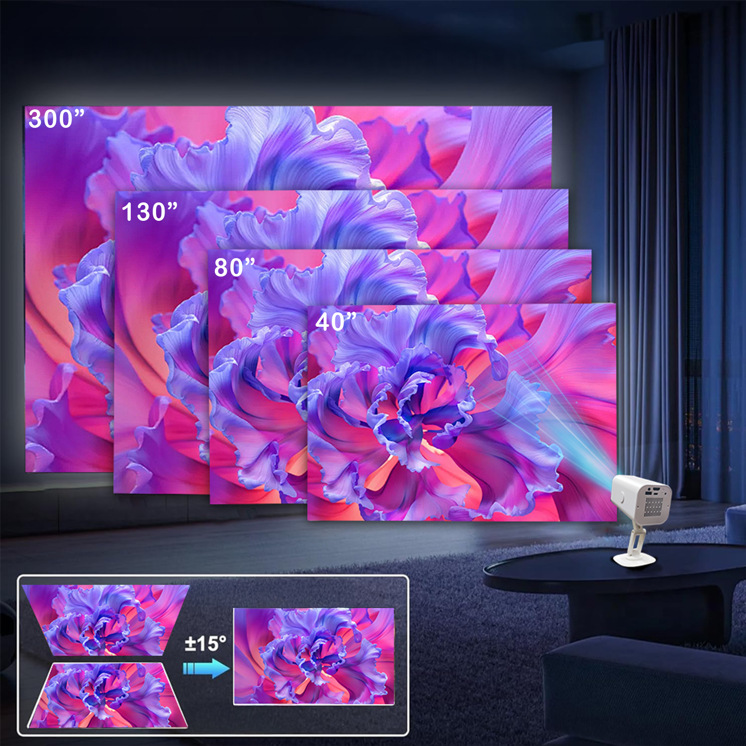 Proyector mostrando varios tamaños de pantalla en pared con patrón floral.