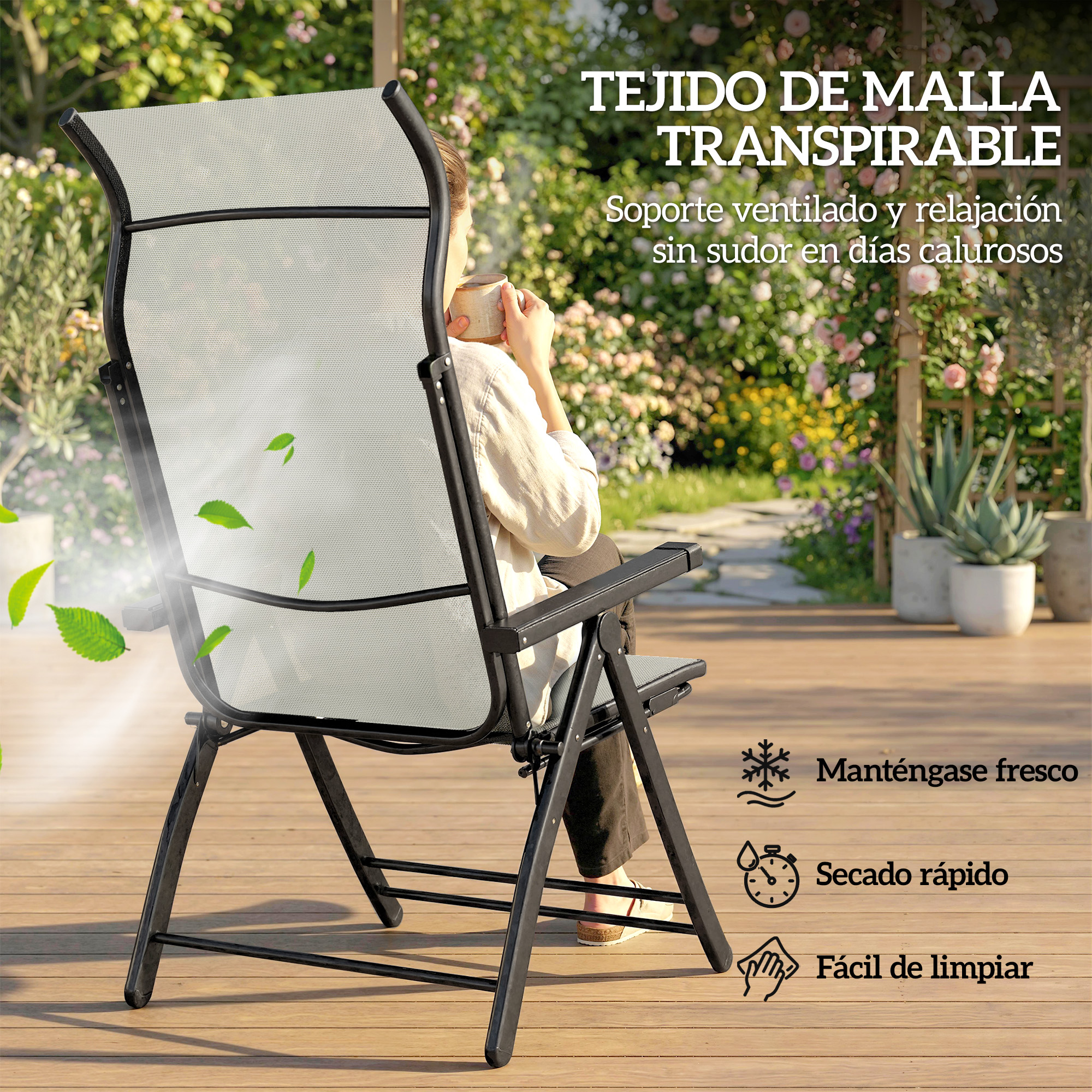 Una persona sentada en una silla exterior, bebiendo café. Hojas verdes flotan.