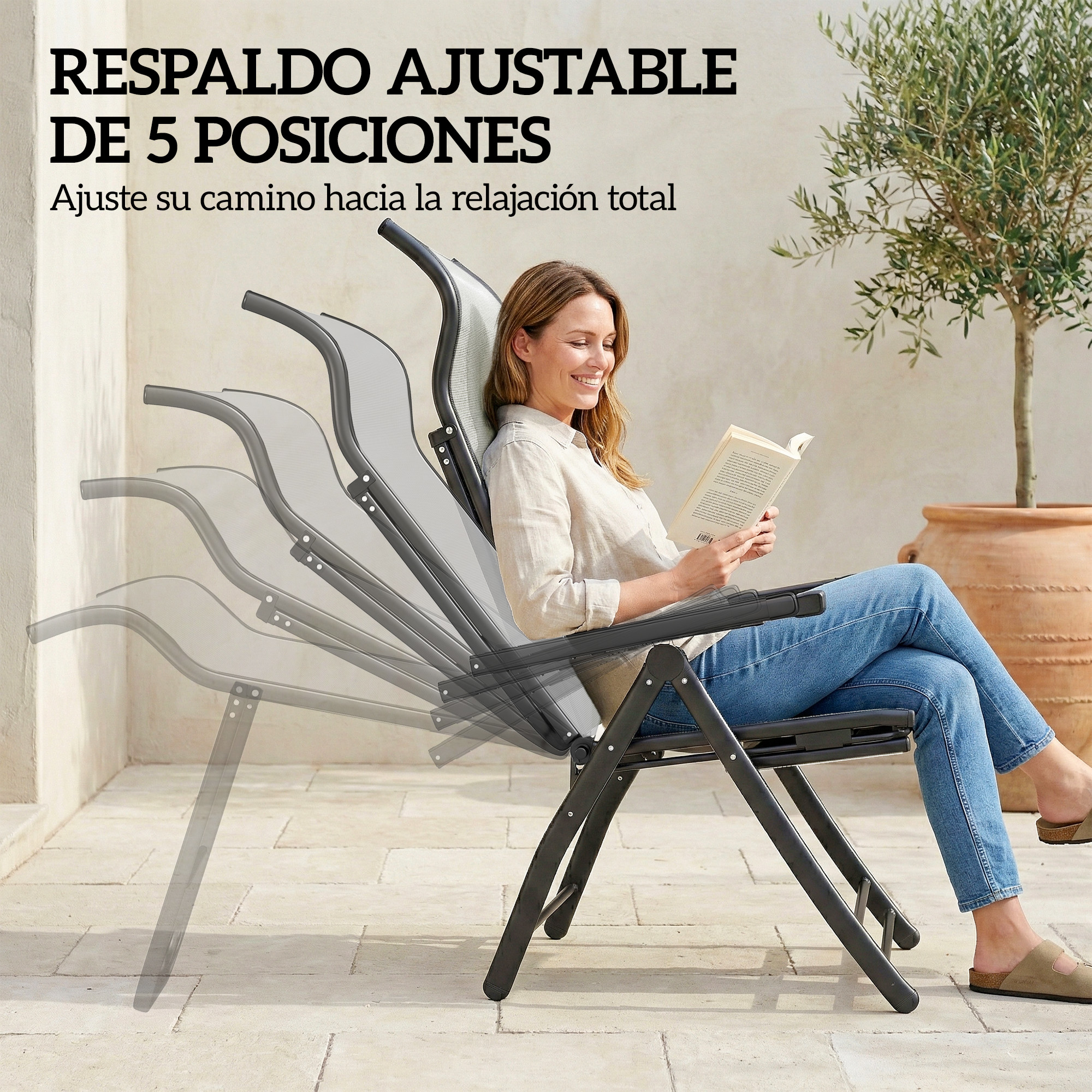 Una mujer lee un libro en una silla exterior ajustable, con un olivo de fondo.