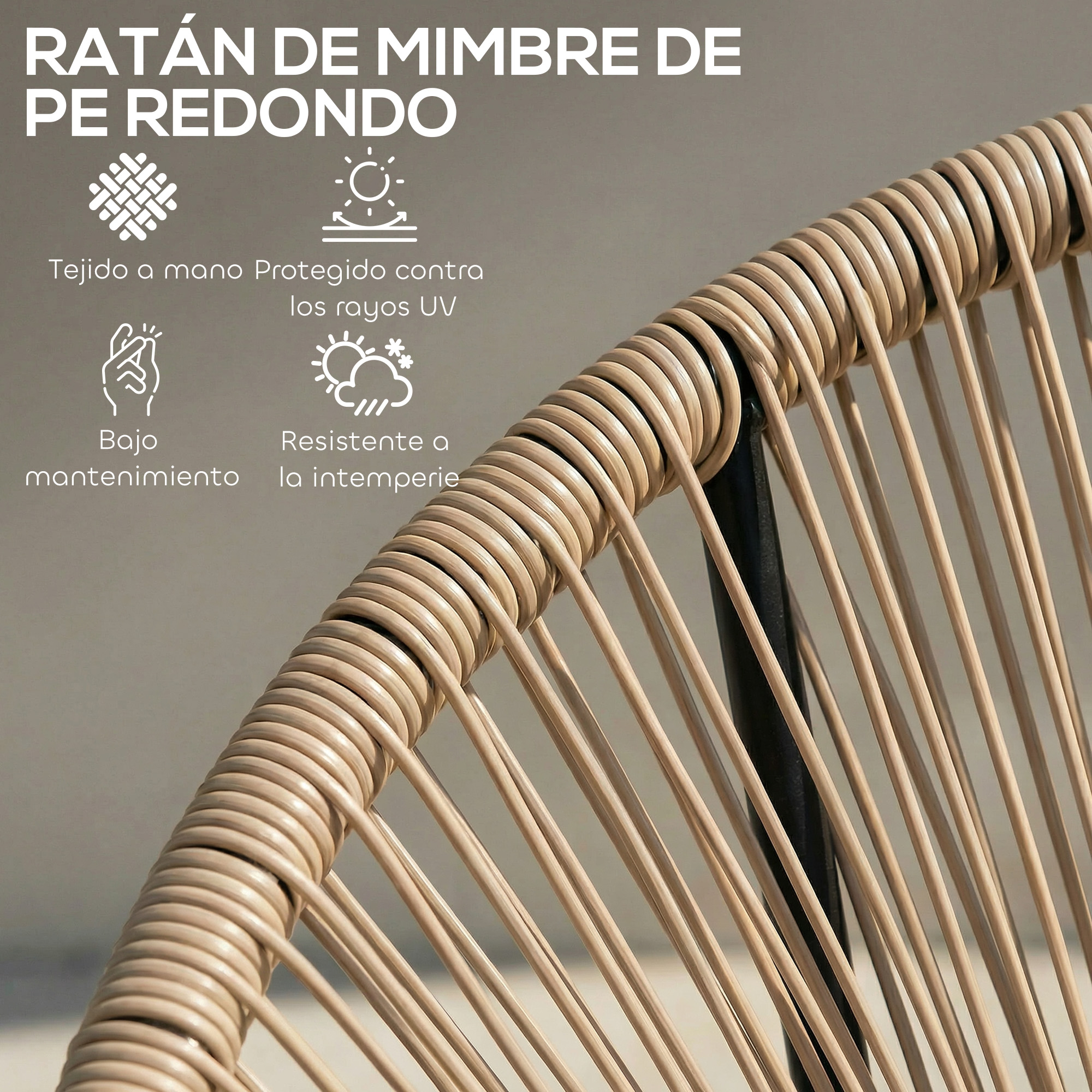 Primer plano de silla de mimbre de ratán redonda, tejida a mano, protegida UV.
