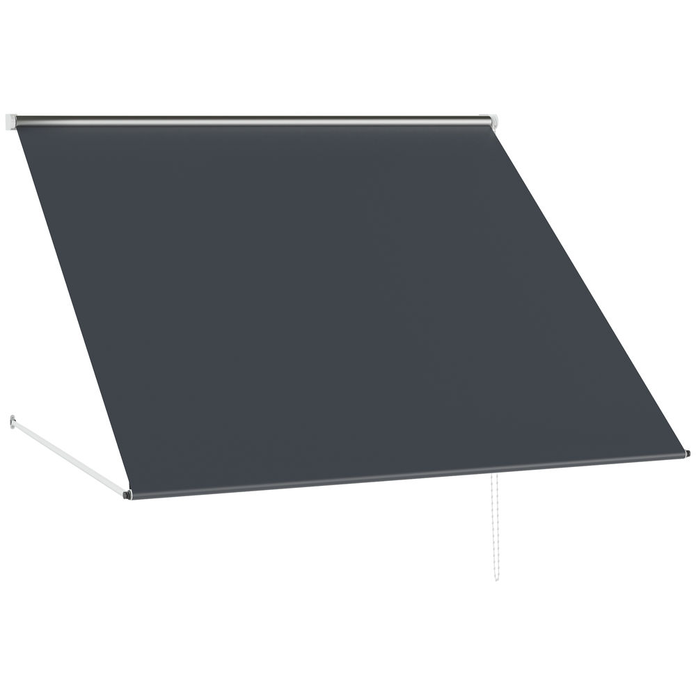 Un toldo oscuro y extendido con brazos plateados y cadena.