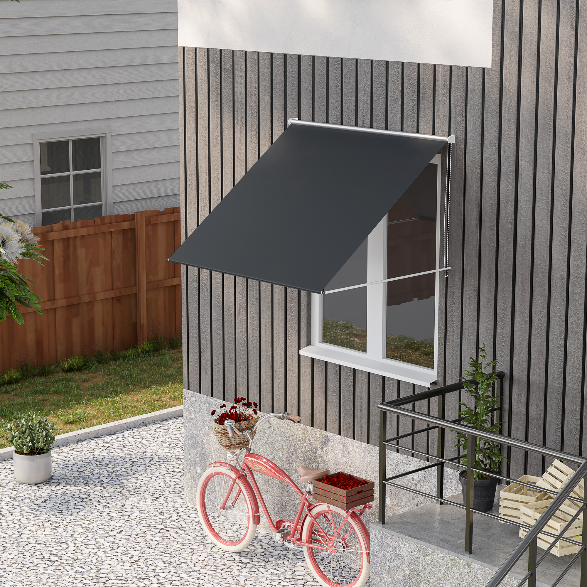 Una bicicleta cruiser rosa con una cesta de flores y una caja de madera con flores.