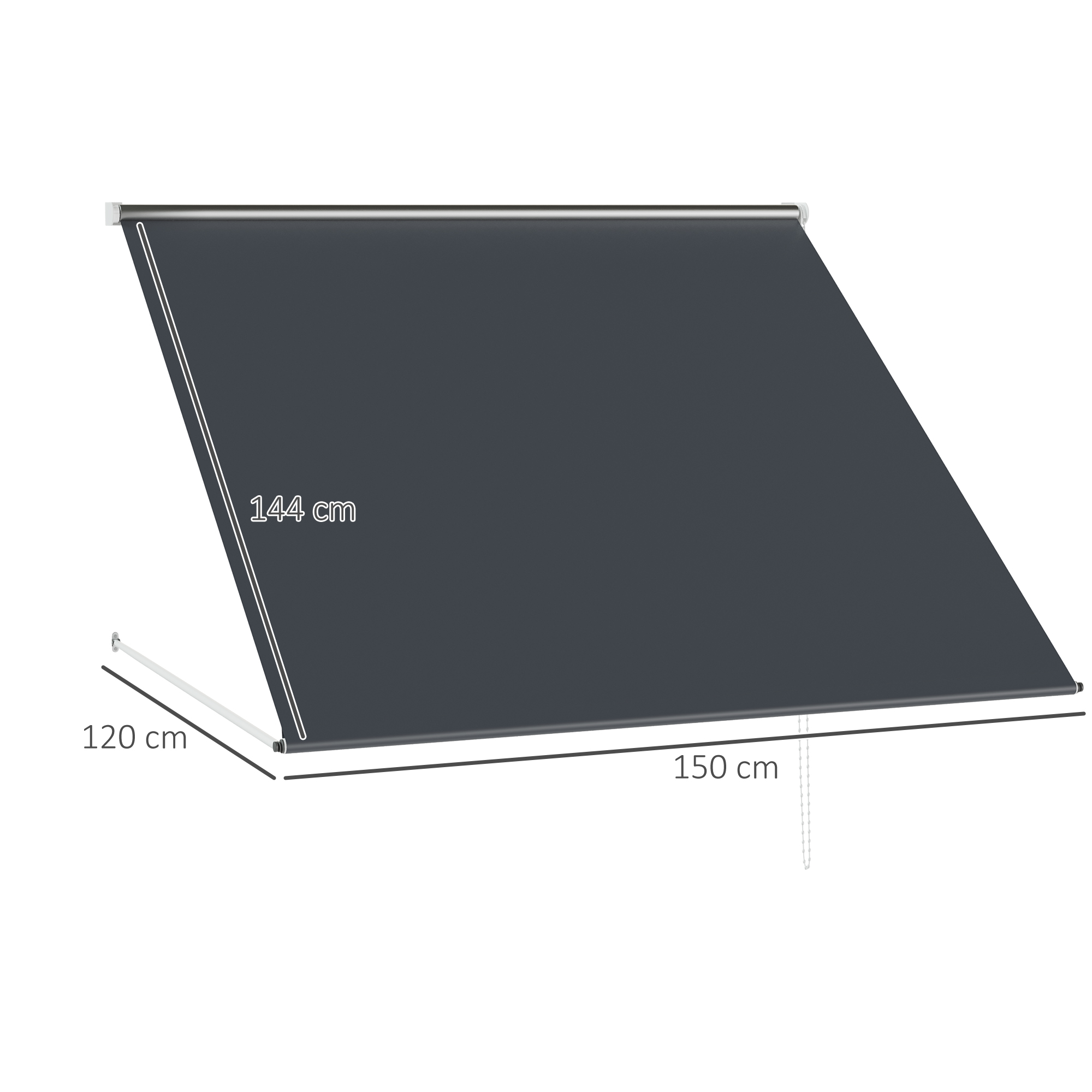 Un toldo de color gris oscuro de 150 cm de ancho y 144 cm de salida.