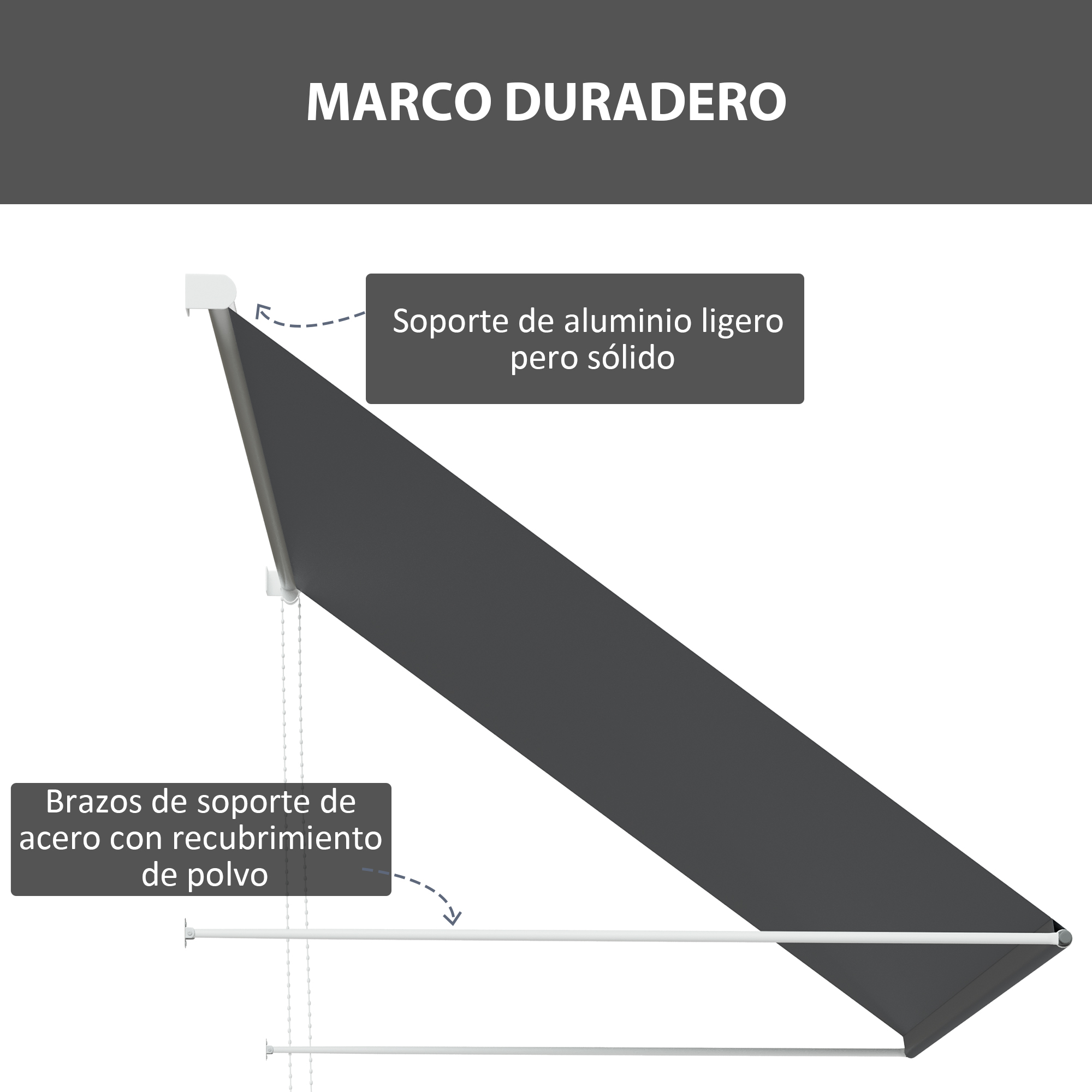 Un tejido de toldo gris oscuro con brazos de soporte blancos y soporte de aluminio.