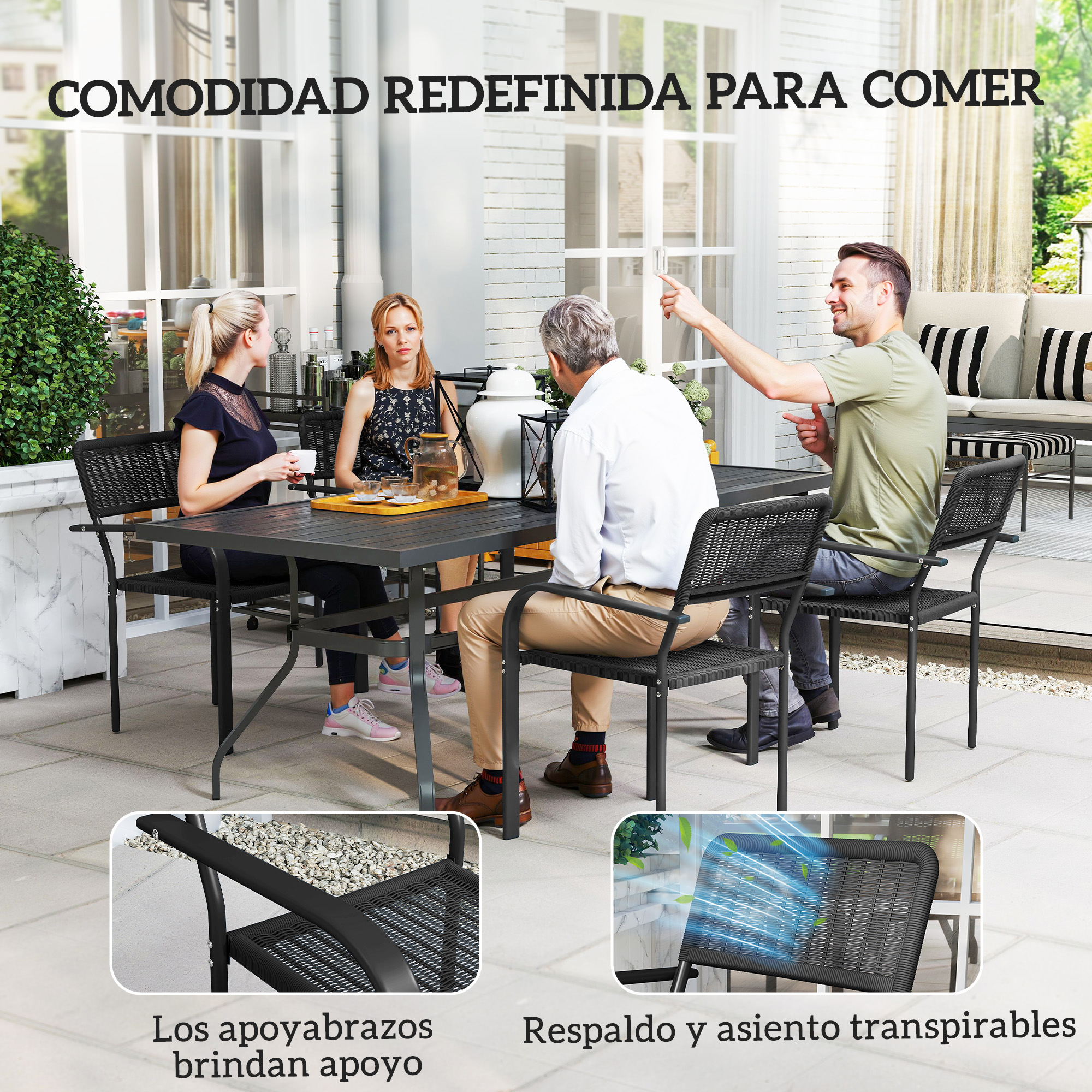 Cuatro personas sentadas en una mesa al aire libre. Un hombre señala a la derecha.