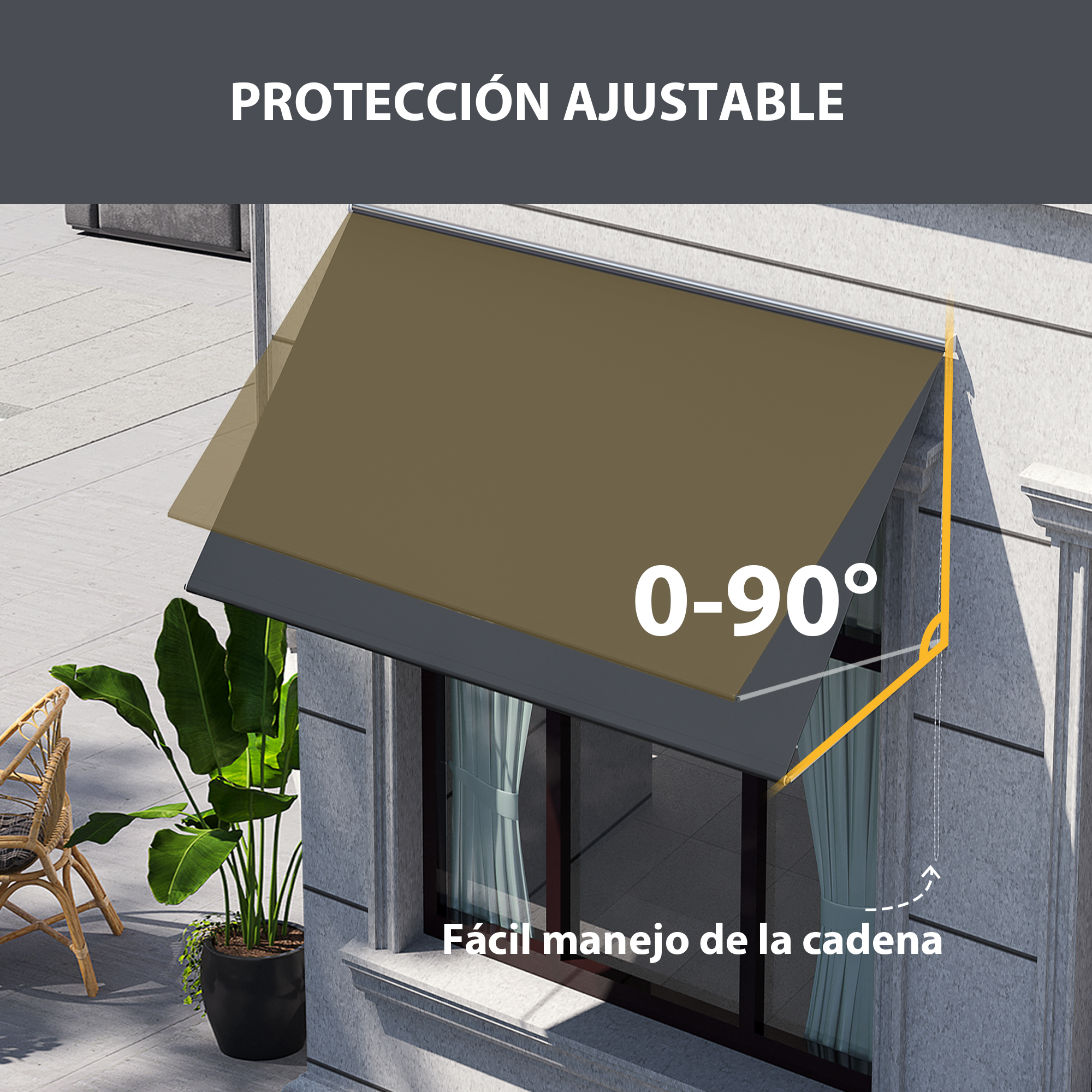 Toldo ajustable de 0-90 grados, fácil manejo con cadena.