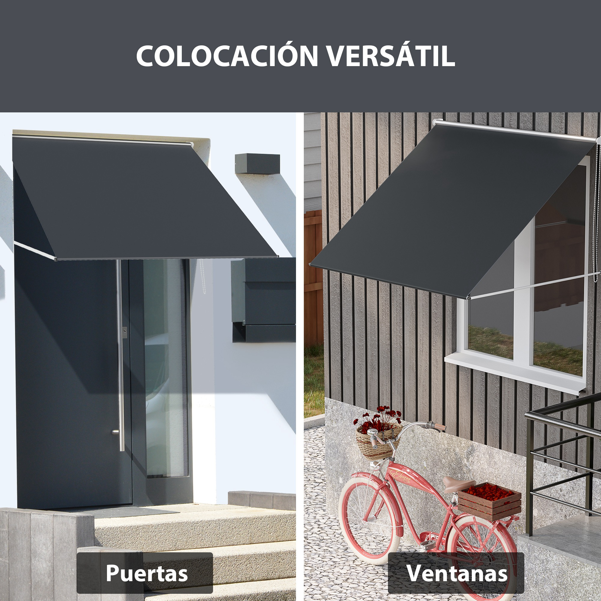 Toldos sobre puerta y ventana, con bicicleta al lado.