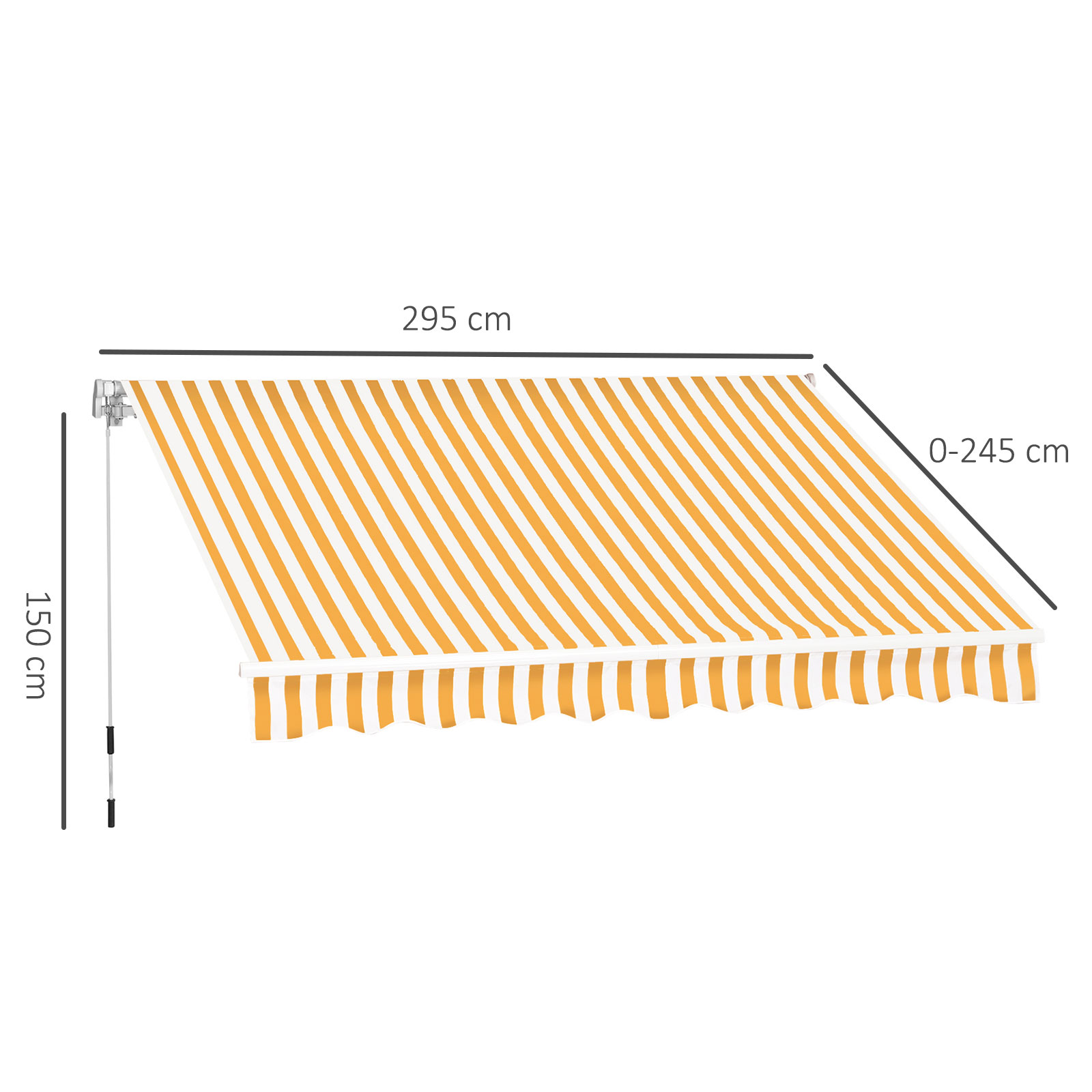 Un toldo a rayas naranjas y blancas con dimensiones de 295 cm y 0-245 cm.