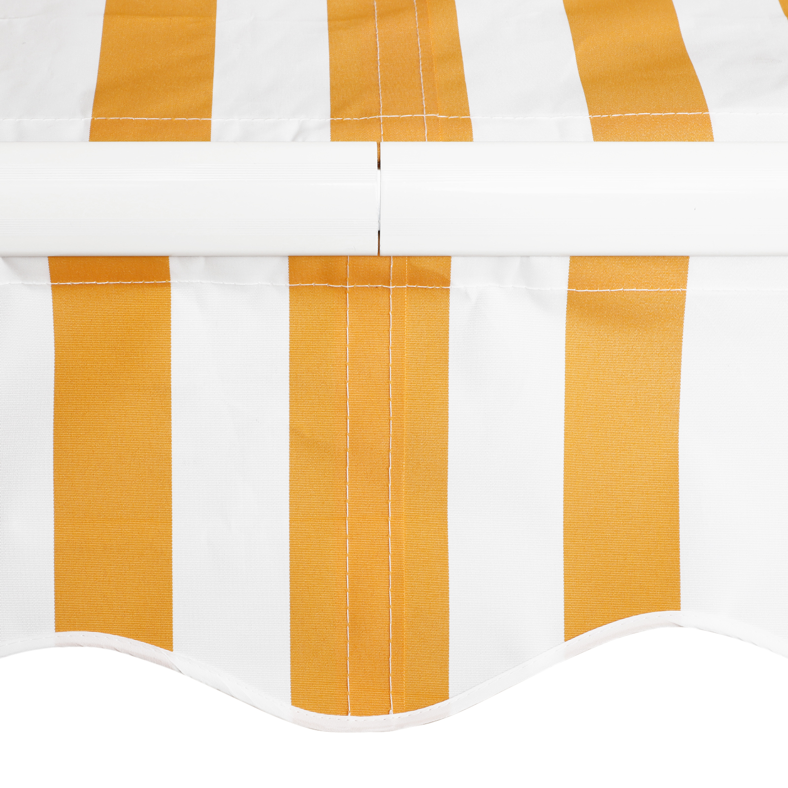 Tela de toldo a rayas naranjas y blancas con ribete blanco.