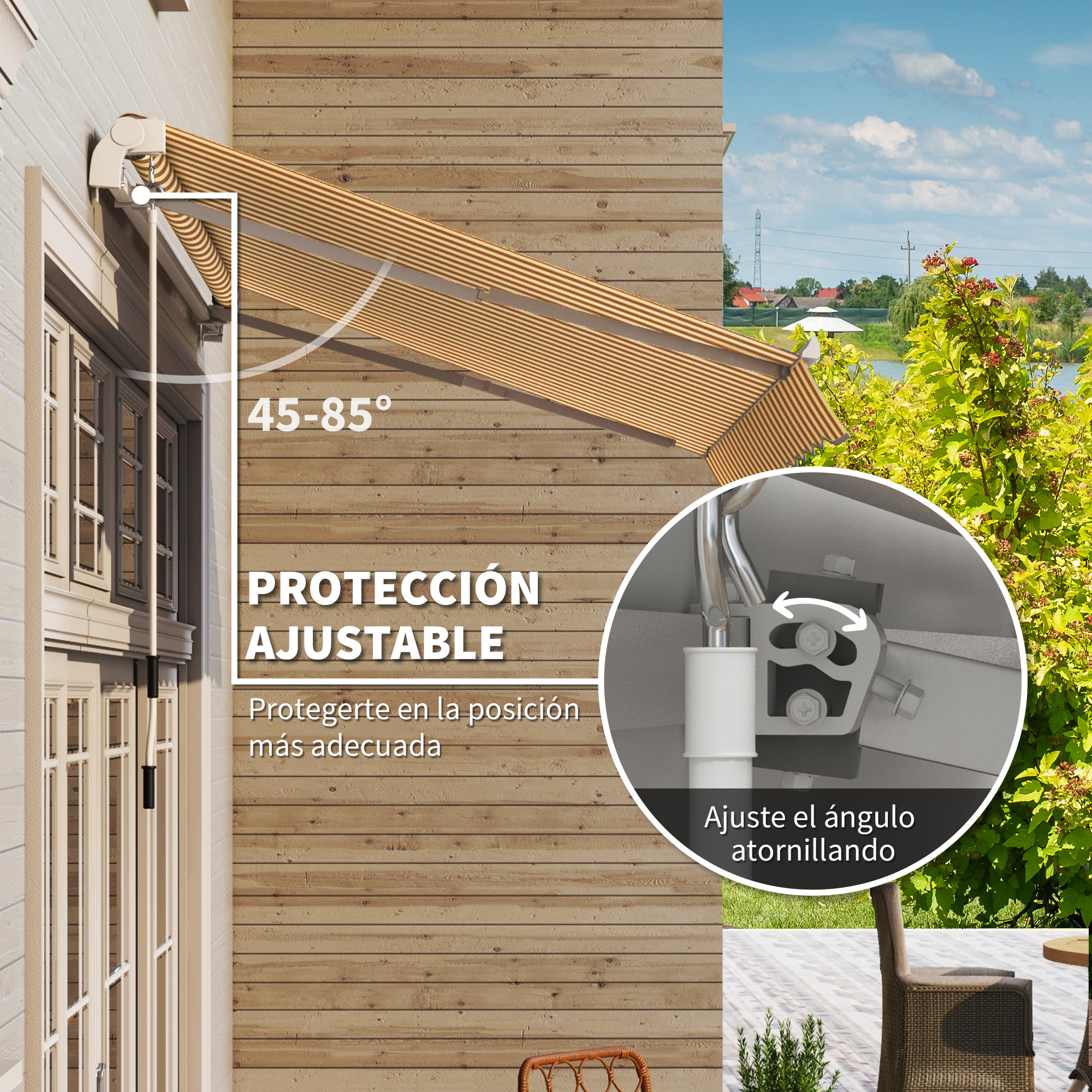 Toldo con ángulo ajustable 45-85° en una casa con revestimiento de madera.