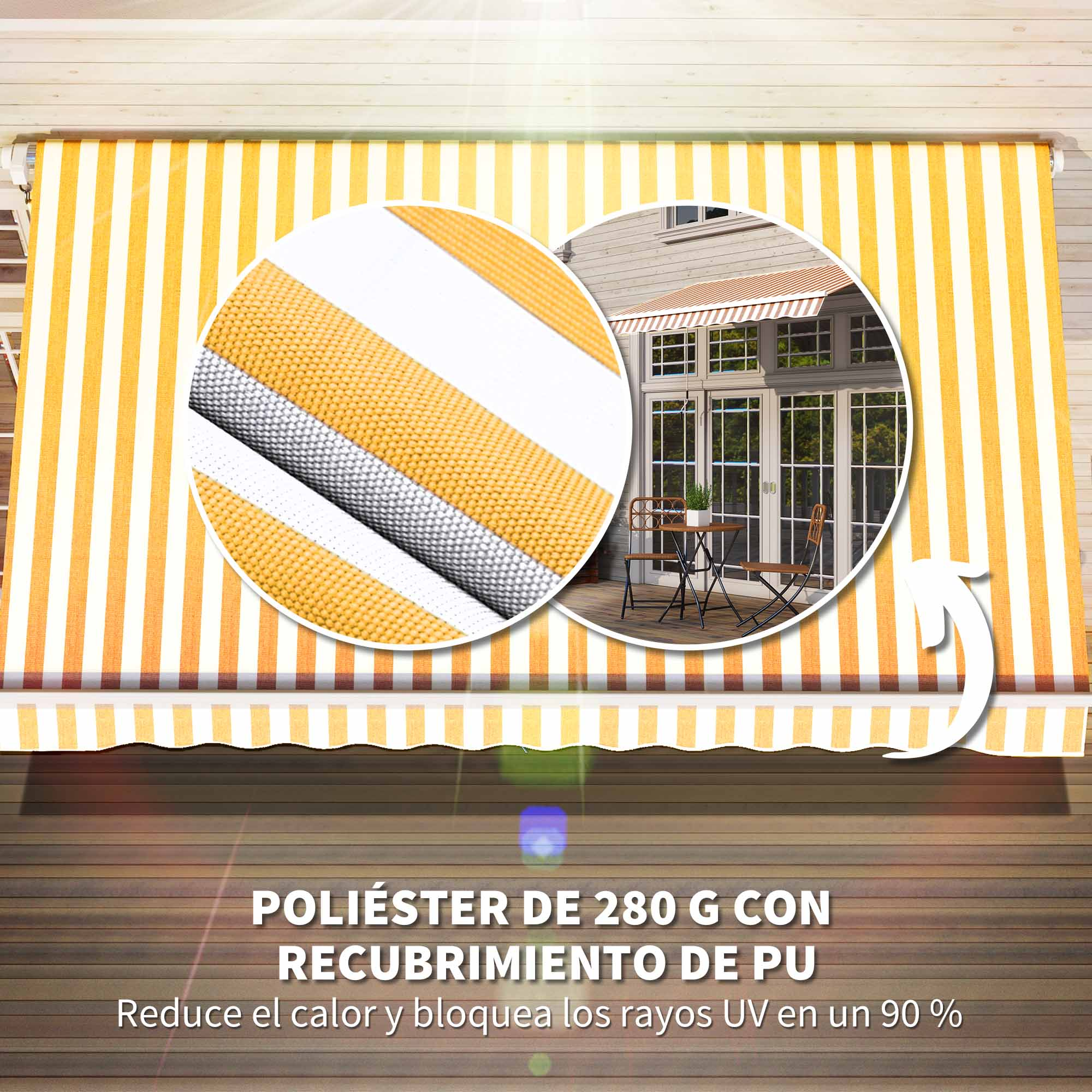 Toldo a rayas amarillas y blancas, primer plano de tela y zona de asientos exterior.
