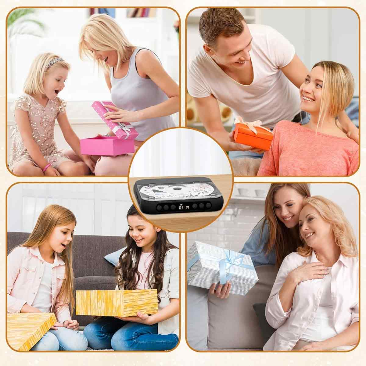 Collage zeigt vier Szenen: Mutter und Kind öffnen Geschenke, Mann schenkt Frau ein Geschenk, zwei Mädchen öffnen Geschenke, zwei Frauen tauschen Geschenke.