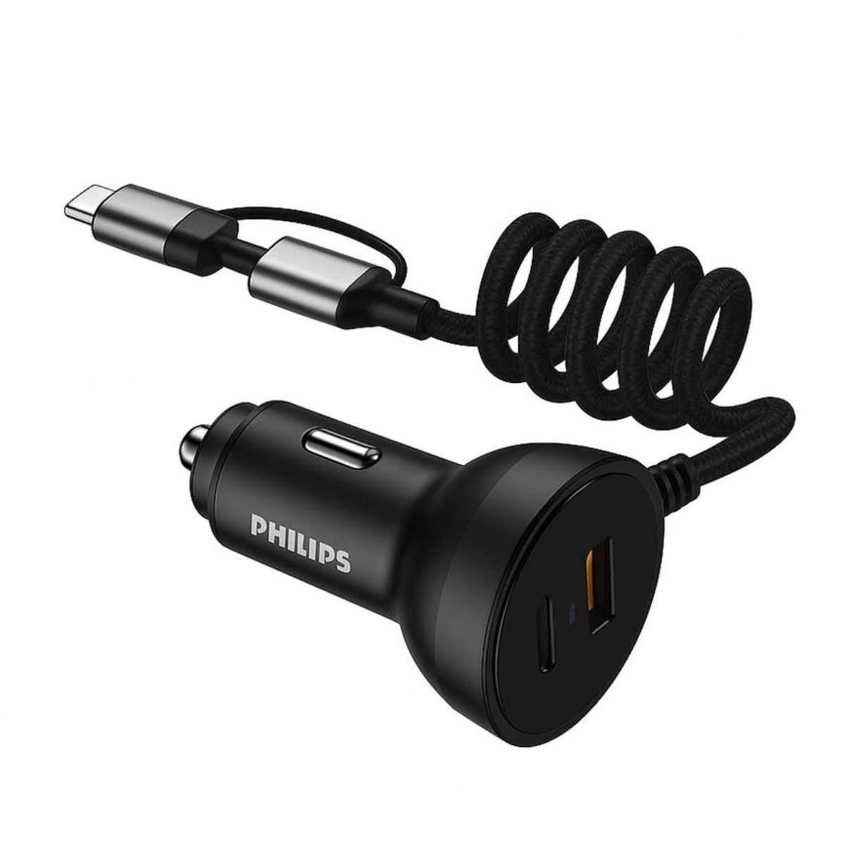 Zwarte Philips auto-oplader met USB-C kabel en spiraalkabel.