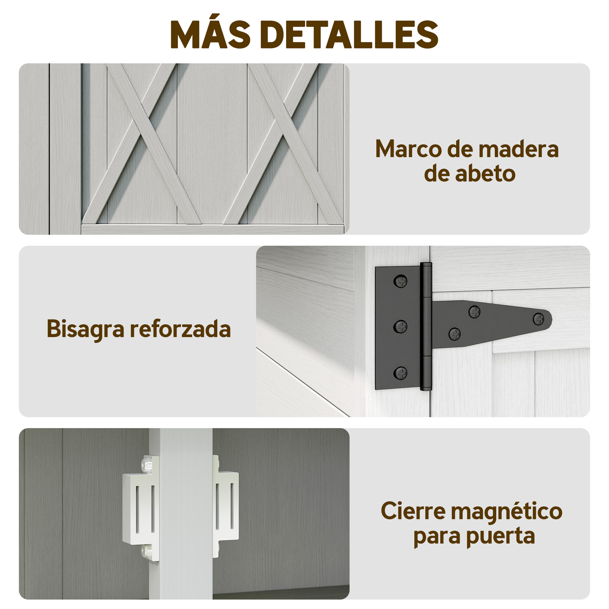 Vistas de detalle de marco de madera, bisagra y cierre magnético.
