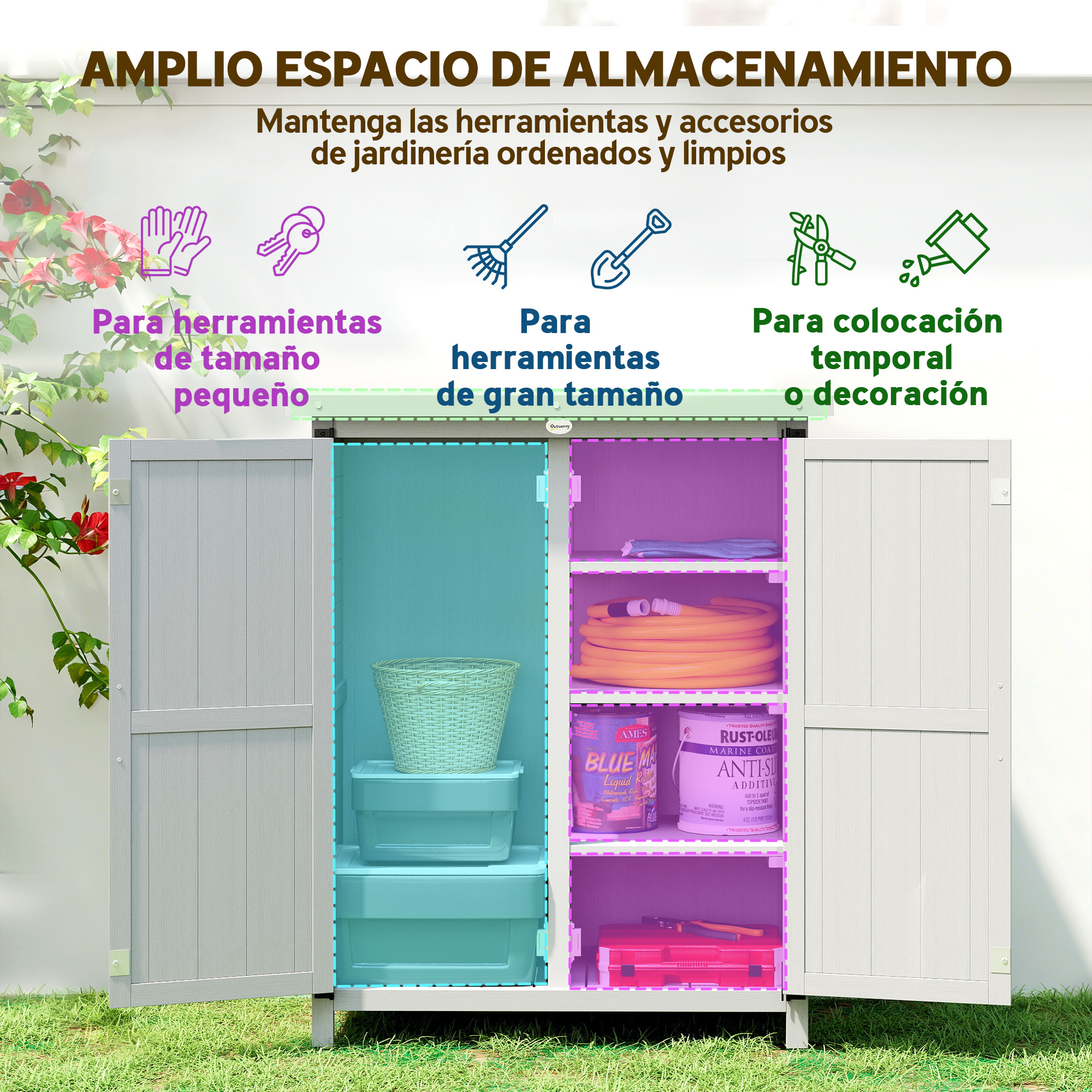 Un armario de jardín gris con puertas abiertas muestra estantes con herramientas y contenedores.