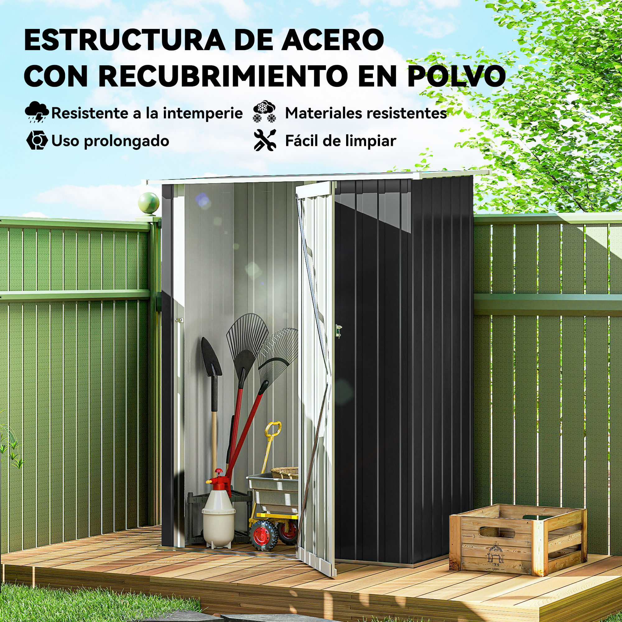 Un cobertizo de jardín negro con puertas abiertas está sobre una terraza de madera. Se ven herramientas.